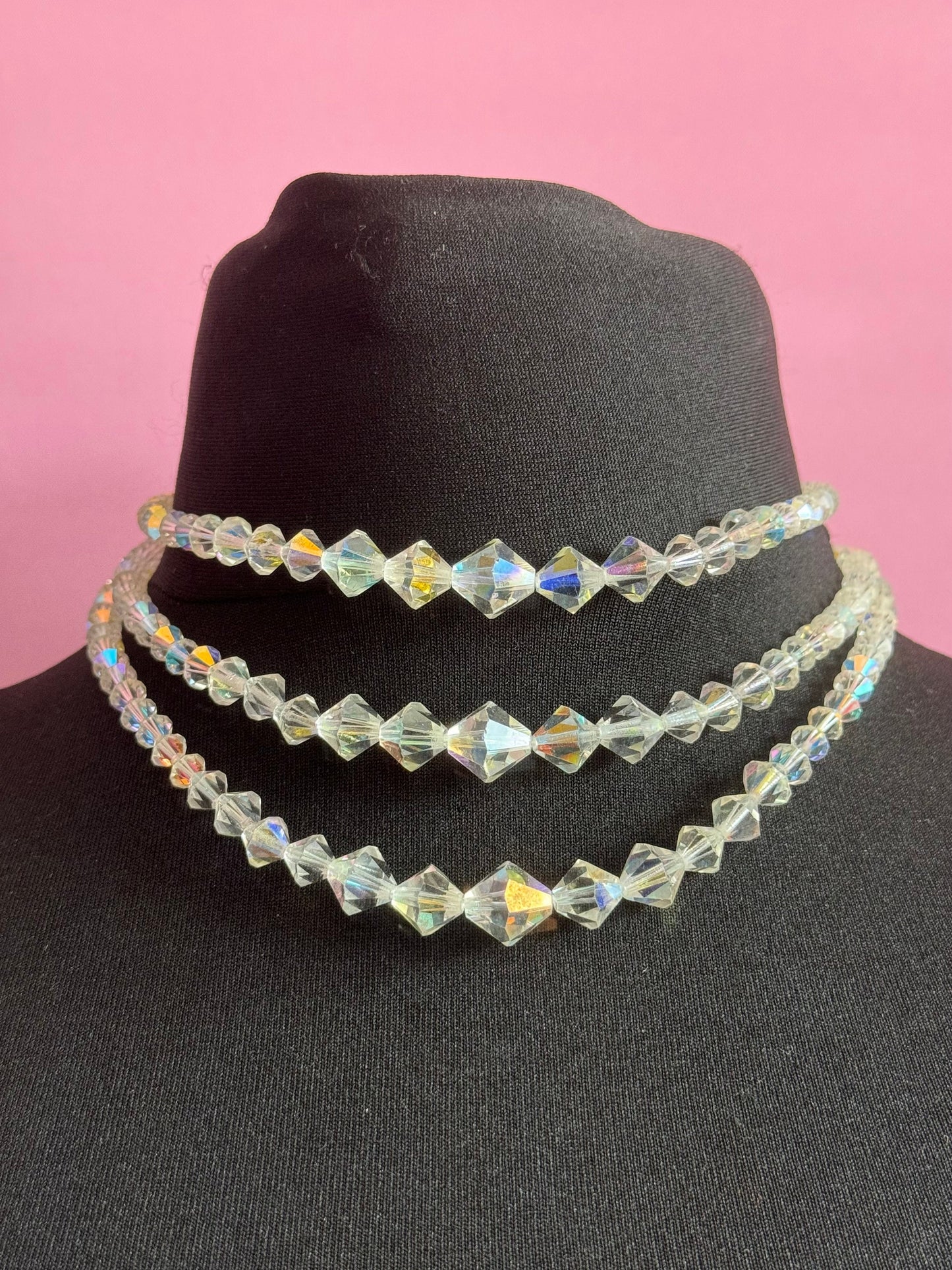 Art Deco clear AB rainbow Aurora borealis glass Crystal 3 row triple strand beaded bead necklace choker festoon waterfall 1920s period