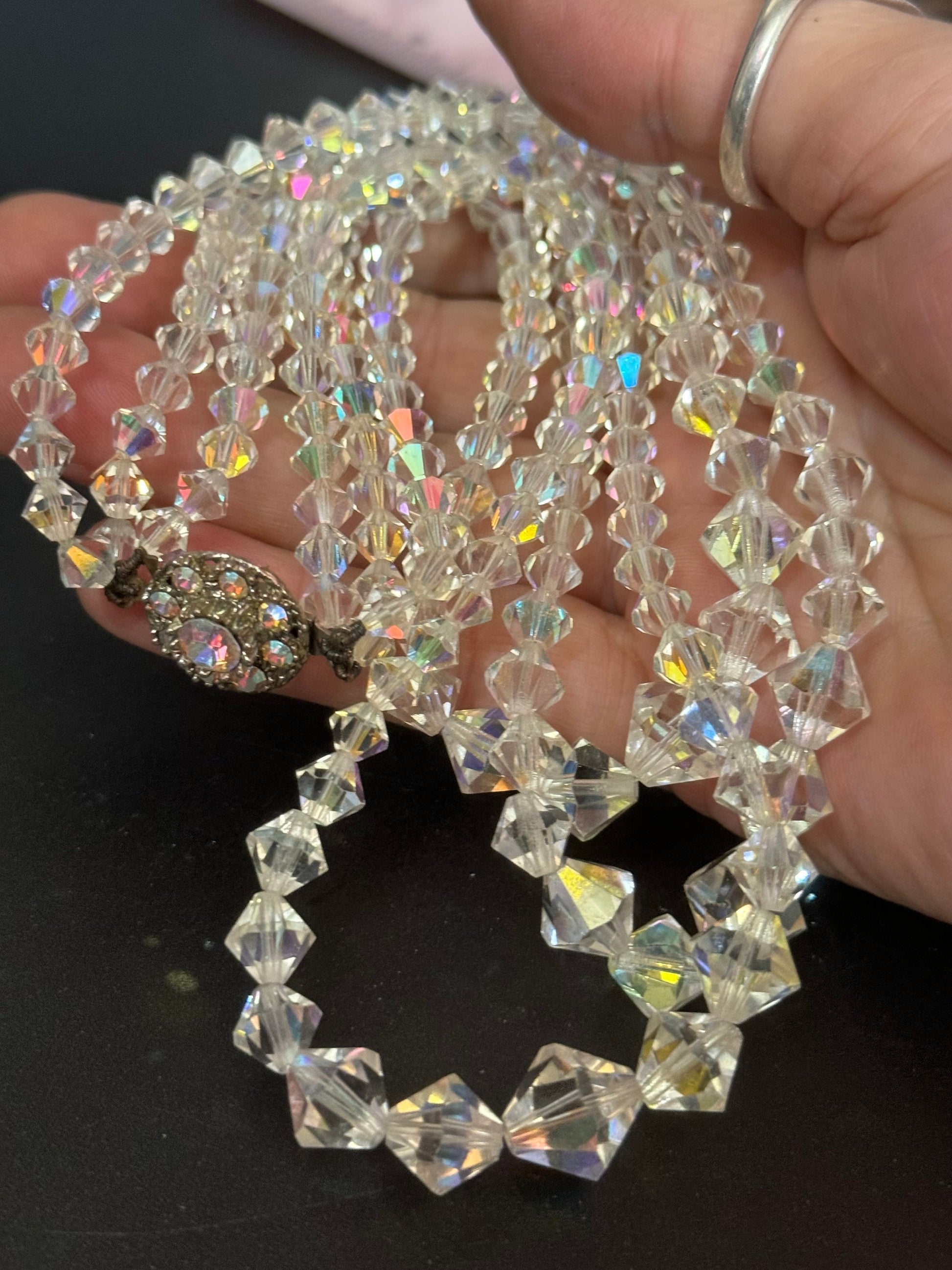 Art Deco clear AB rainbow Aurora borealis glass Crystal 3 row triple strand beaded bead necklace choker festoon waterfall 1920s period