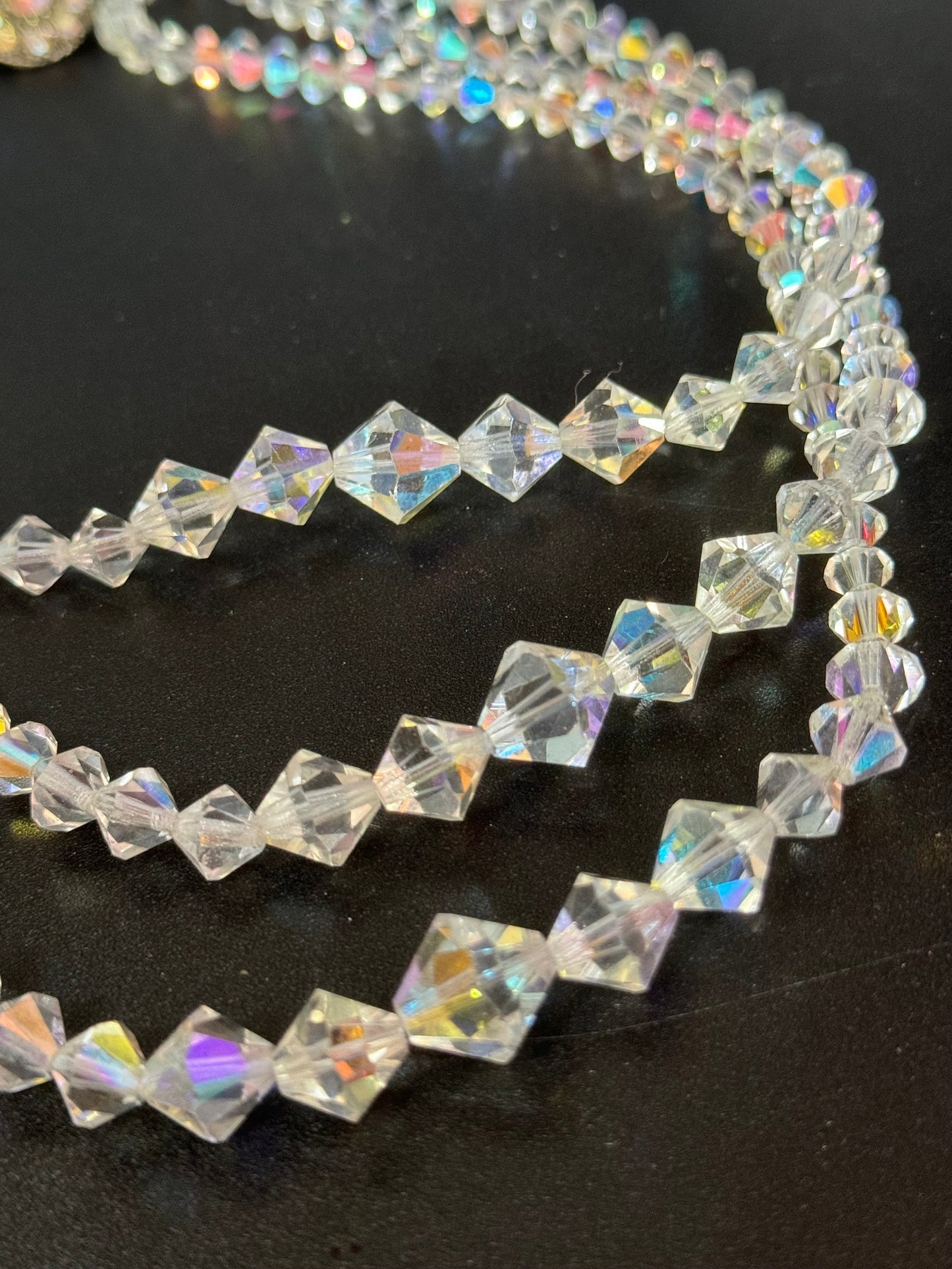 Art Deco clear AB rainbow Aurora borealis glass Crystal 3 row triple strand beaded bead necklace choker festoon waterfall 1920s period