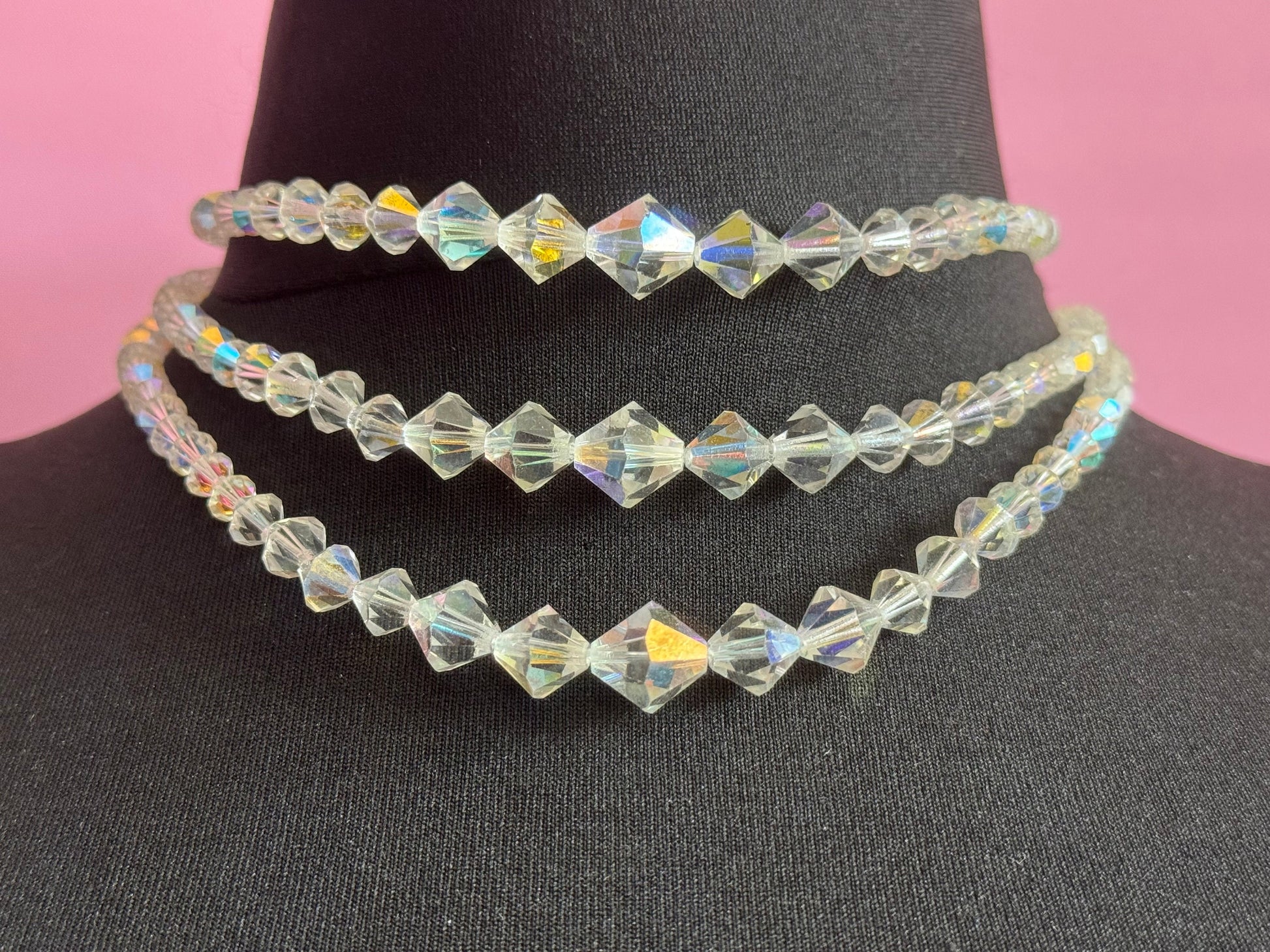 Art Deco clear AB rainbow Aurora borealis glass Crystal 3 row triple strand beaded bead necklace choker festoon waterfall 1920s period