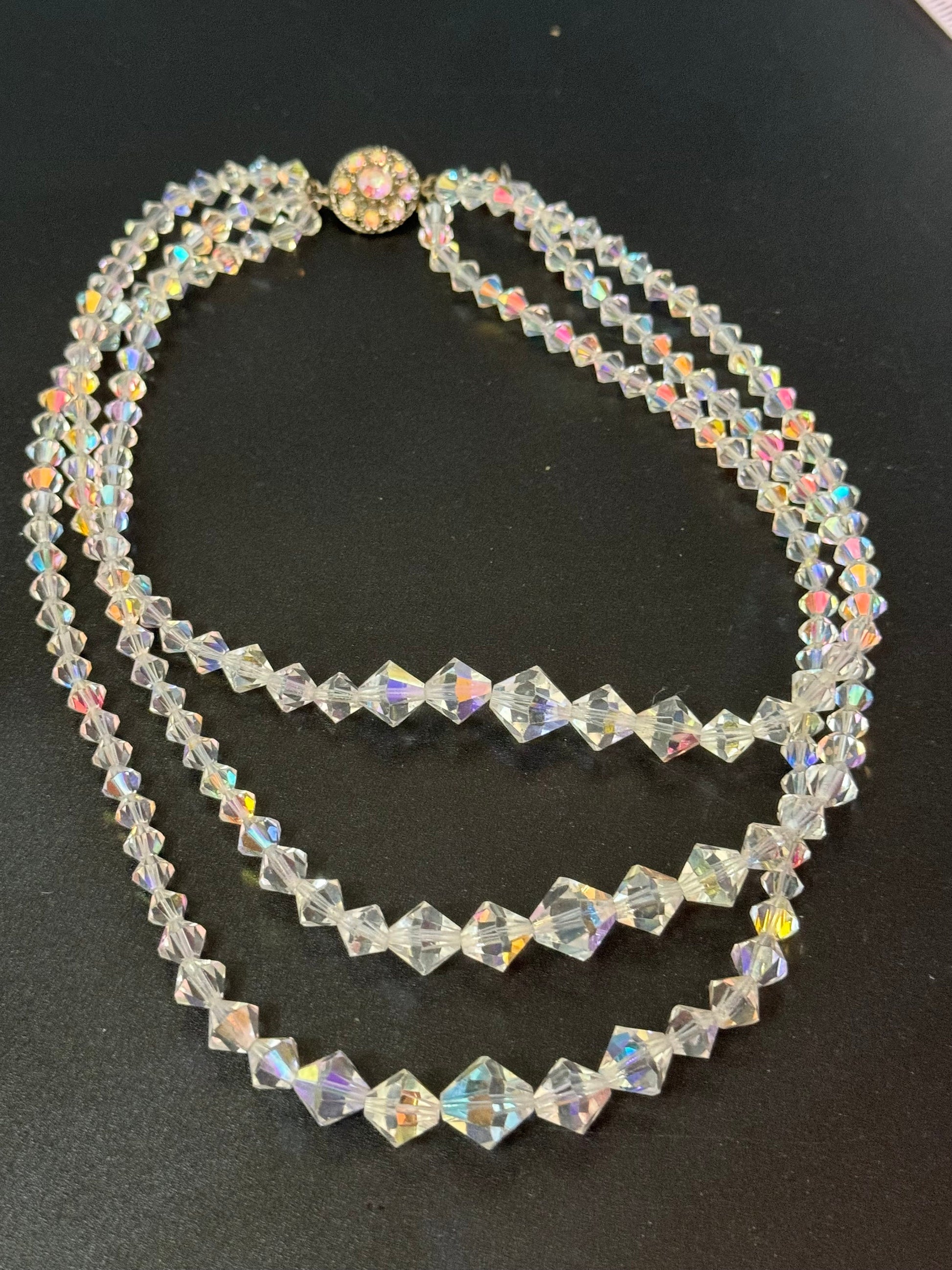 Art Deco clear AB rainbow Aurora borealis glass Crystal 3 row triple strand beaded bead necklace choker festoon waterfall 1920s period