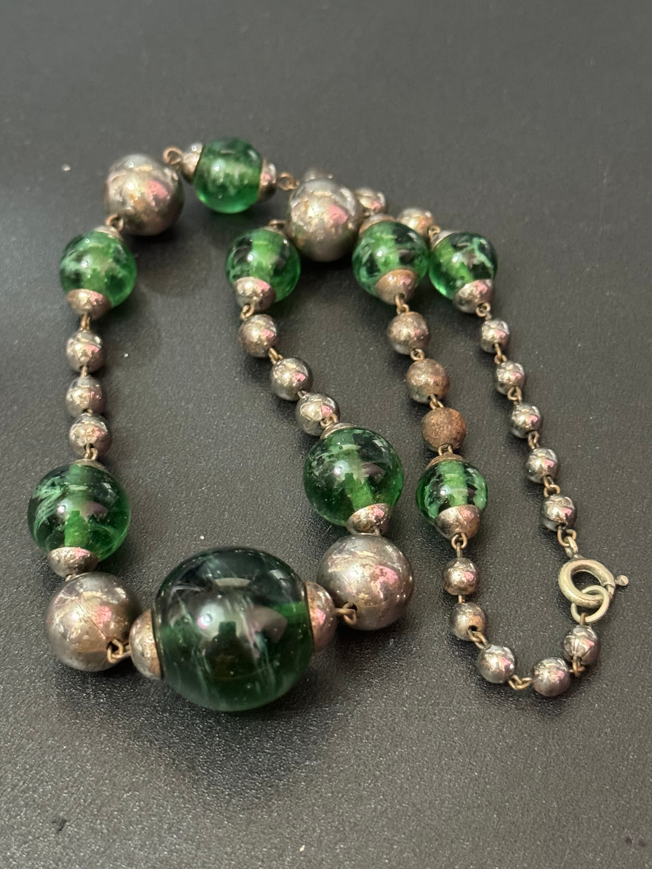 As found antique green crackle glass beaded Art Deco chrome necklace 40cm