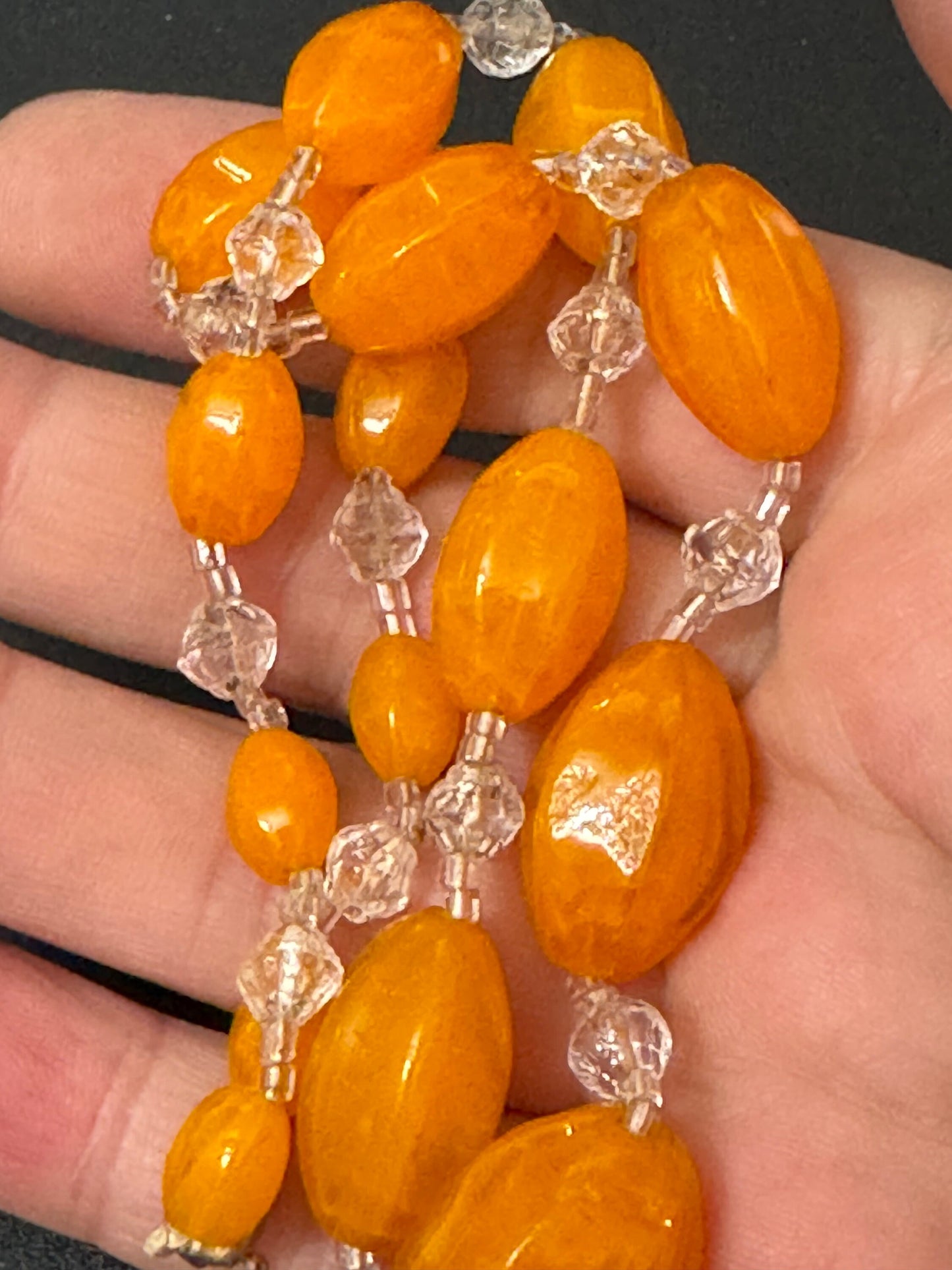 Antique bright orange oval beaded clear crystal beaded glass Art Deco necklace 42cm