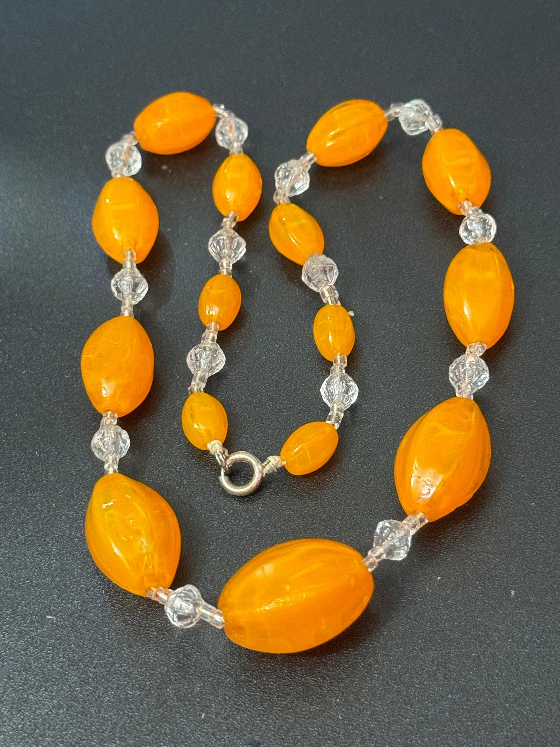 Antique bright orange oval beaded clear crystal beaded glass Art Deco necklace 42cm