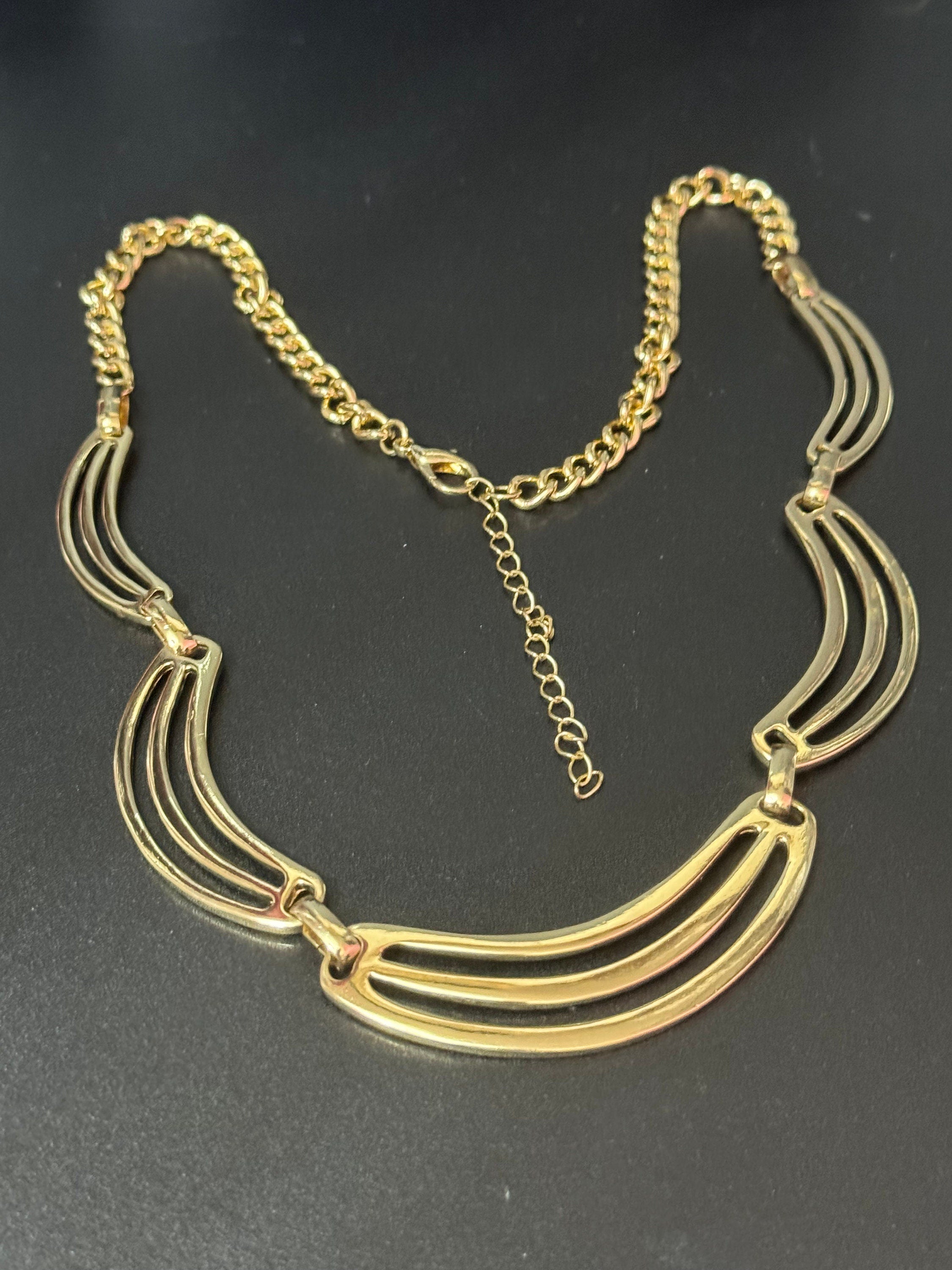 Retro long Gold Tone Metal panel link chain collar necklace adjustable length