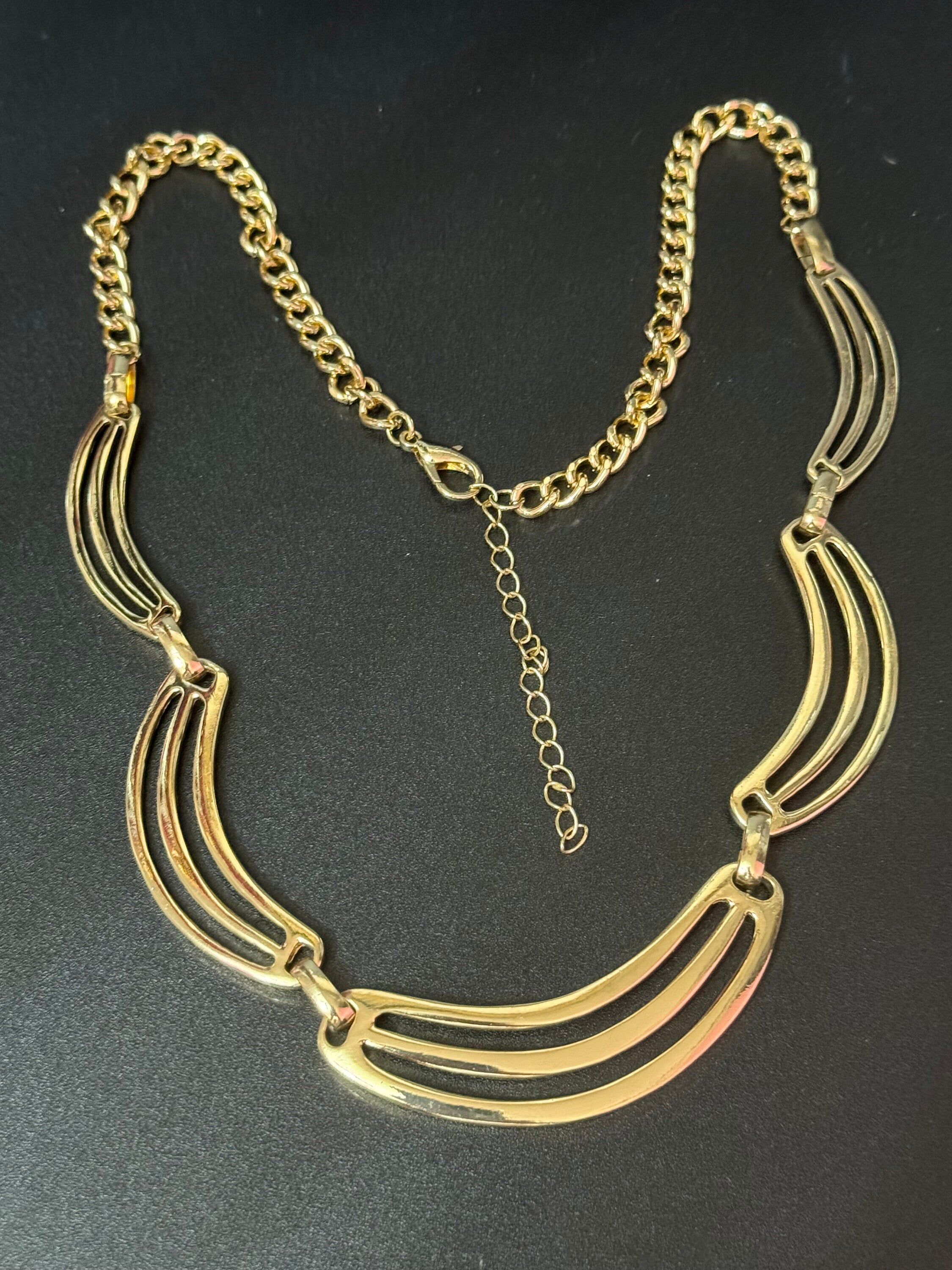 Retro long Gold Tone Metal panel link chain collar necklace adjustable length