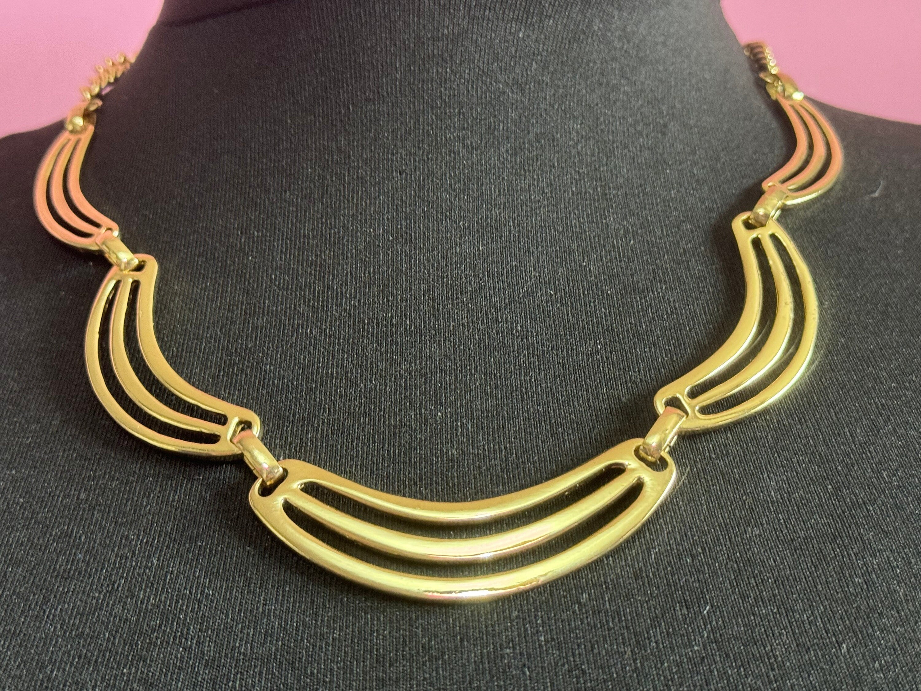 Retro long Gold Tone Metal panel link chain collar necklace adjustable length