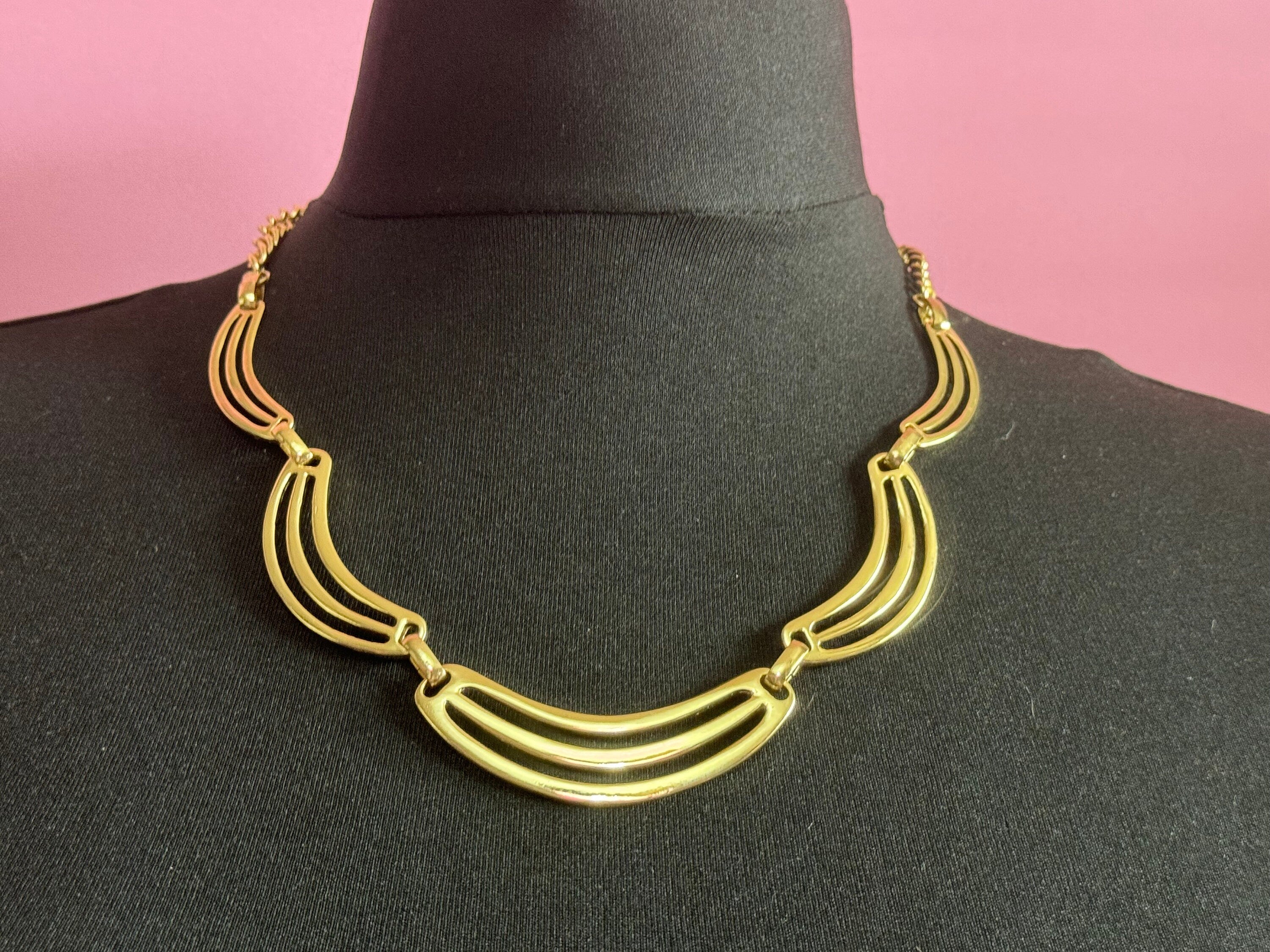 Retro long Gold Tone Metal panel link chain collar necklace adjustable length