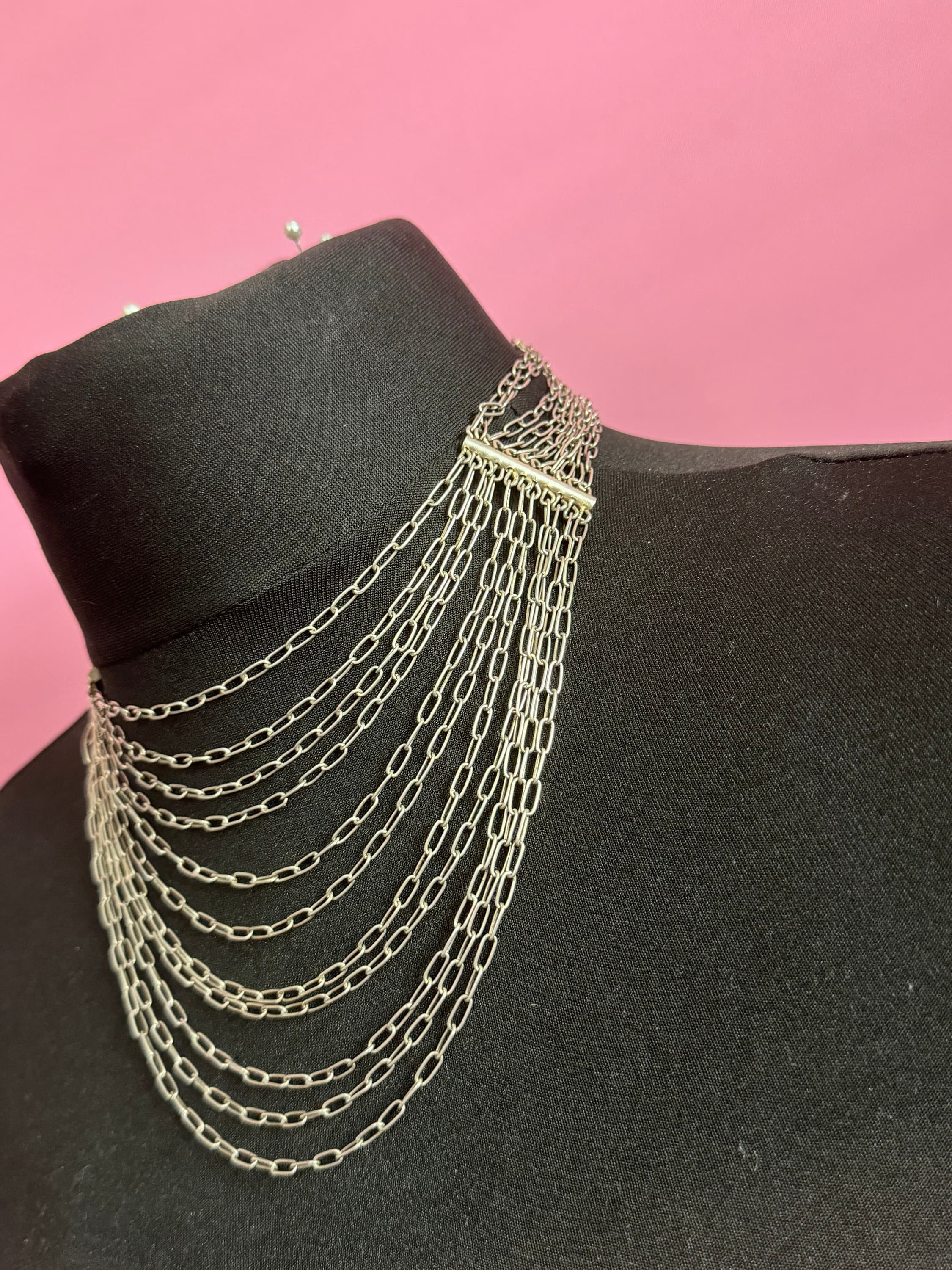 Mexican vintage 925 sterling silver Multi strand chain link bib waterfall necklace 42cm 66 grams