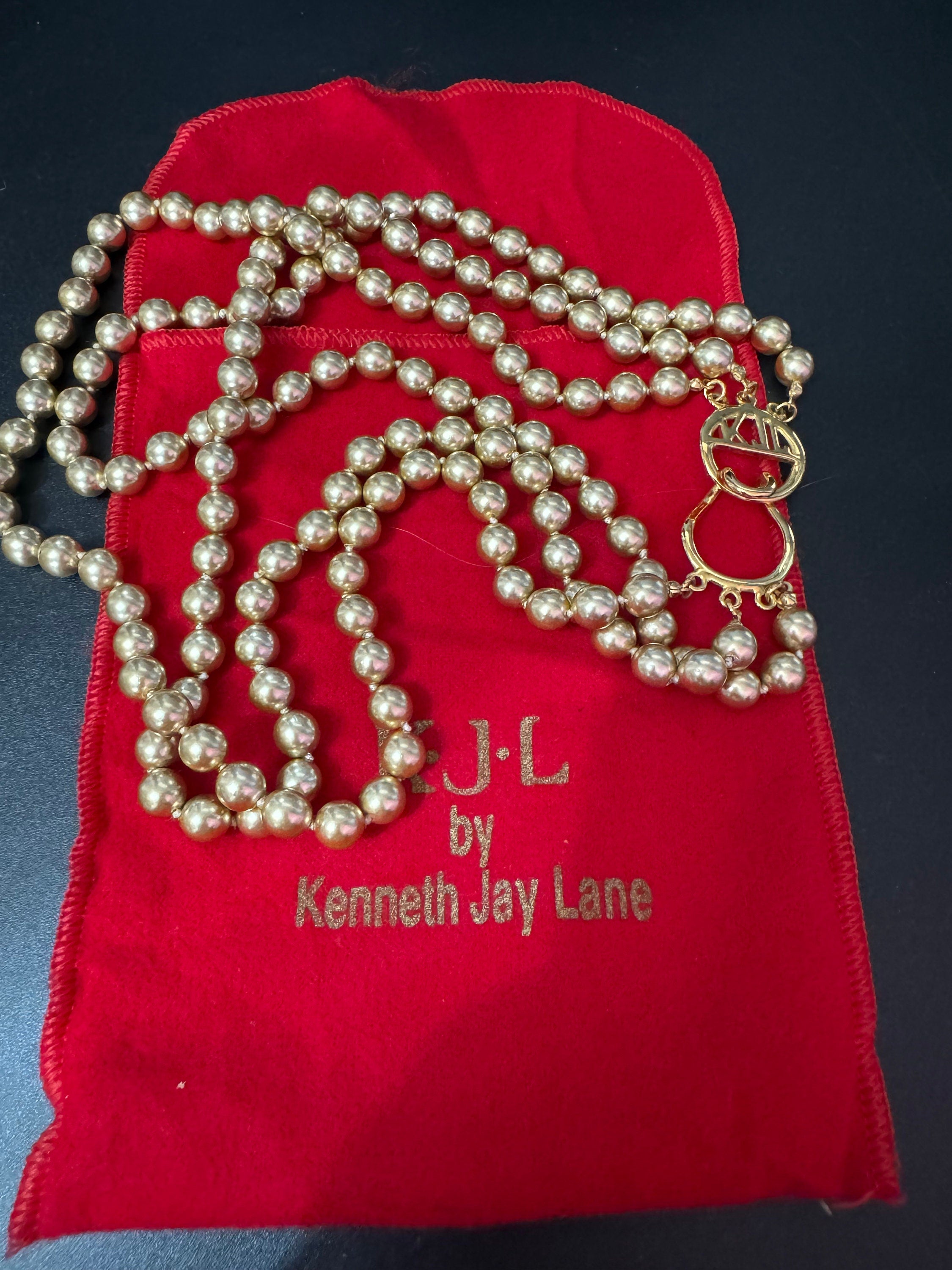 Signed KJL Brown taupe glass pearl 3 row beaded necklace Kenneth jay lane monogram clasp