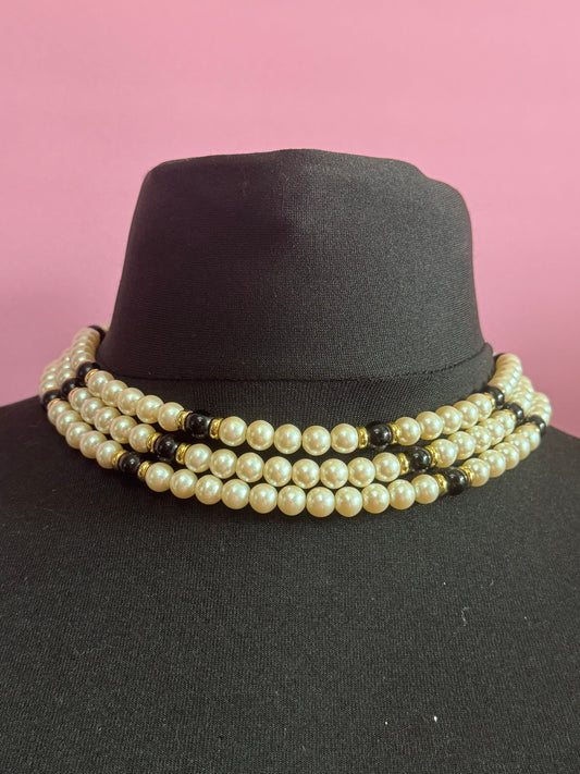 retro faux plastic black gold cream pearl triple strand 3 row collar choker necklace 44cm