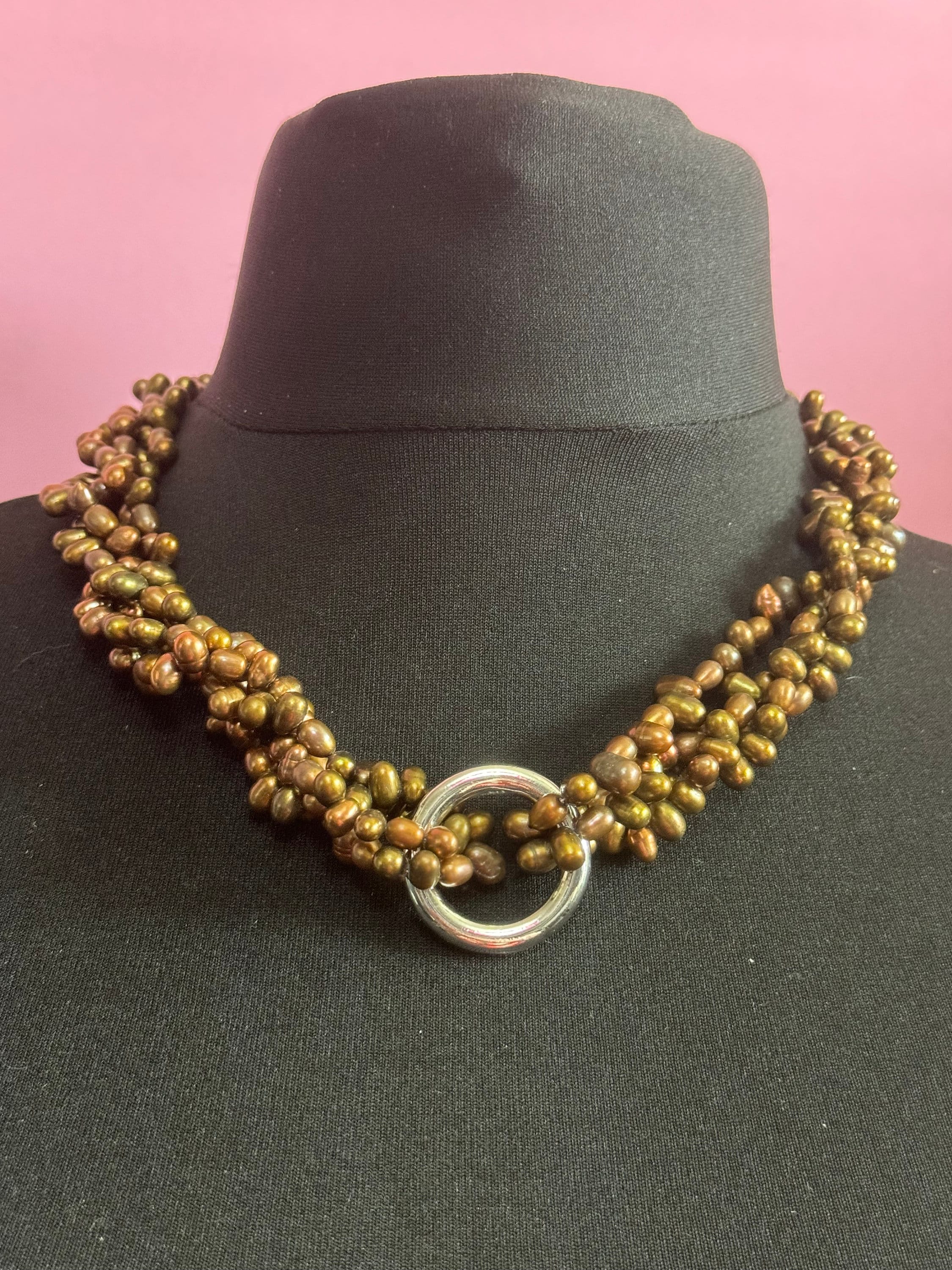 Vintage brown bronze genuine dyed pearl twisted multi-strand necklace with oversized clasp silver tone