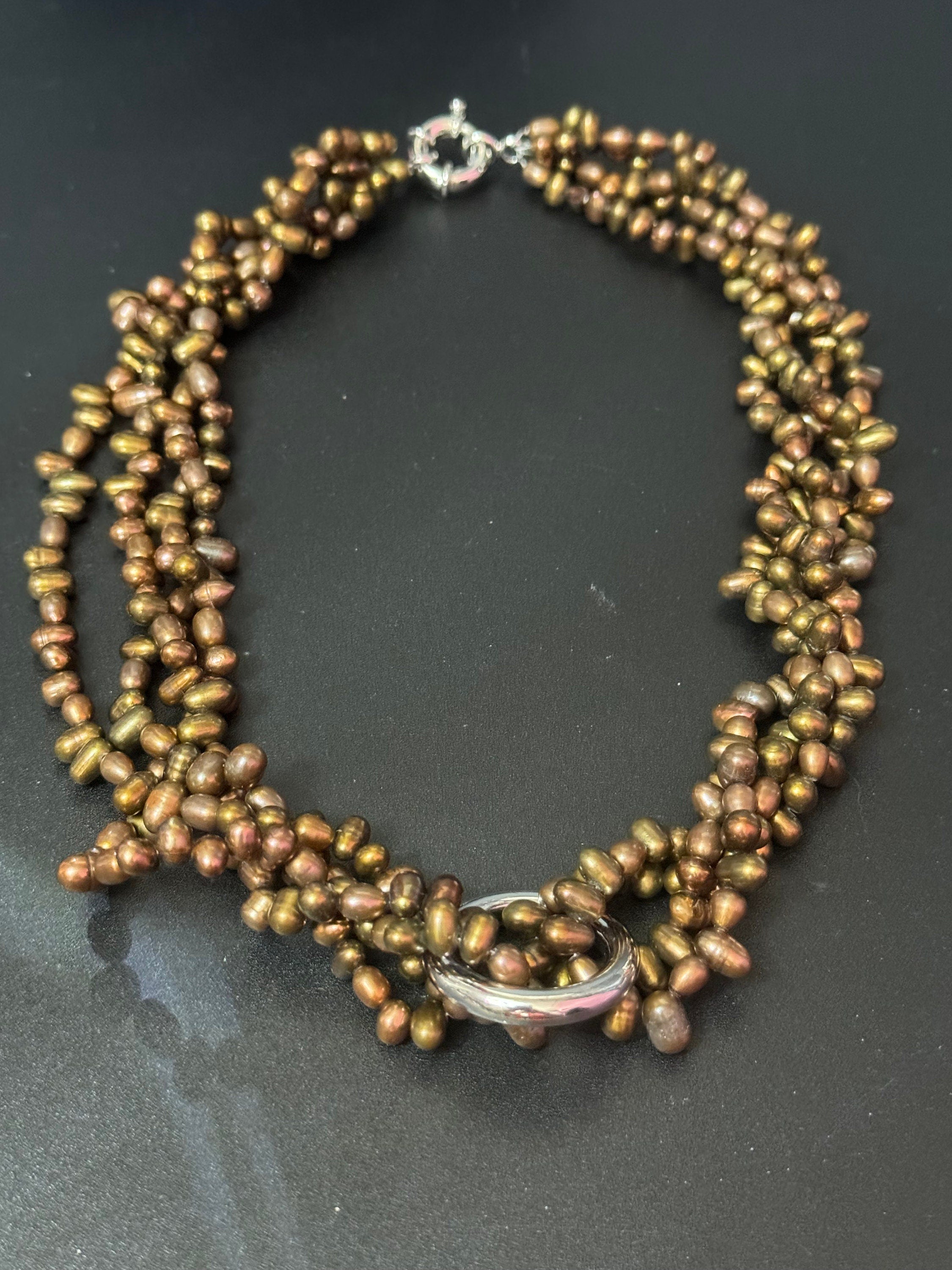 Vintage brown bronze genuine dyed pearl twisted multi-strand necklace with oversized clasp silver tone