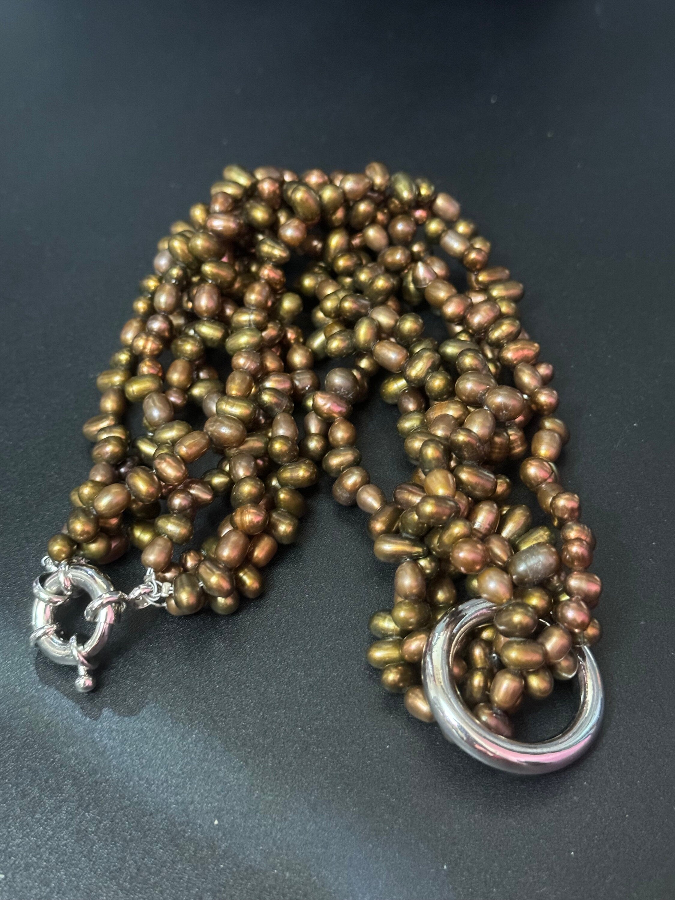 Vintage brown bronze genuine dyed pearl twisted multi-strand necklace with oversized clasp silver tone