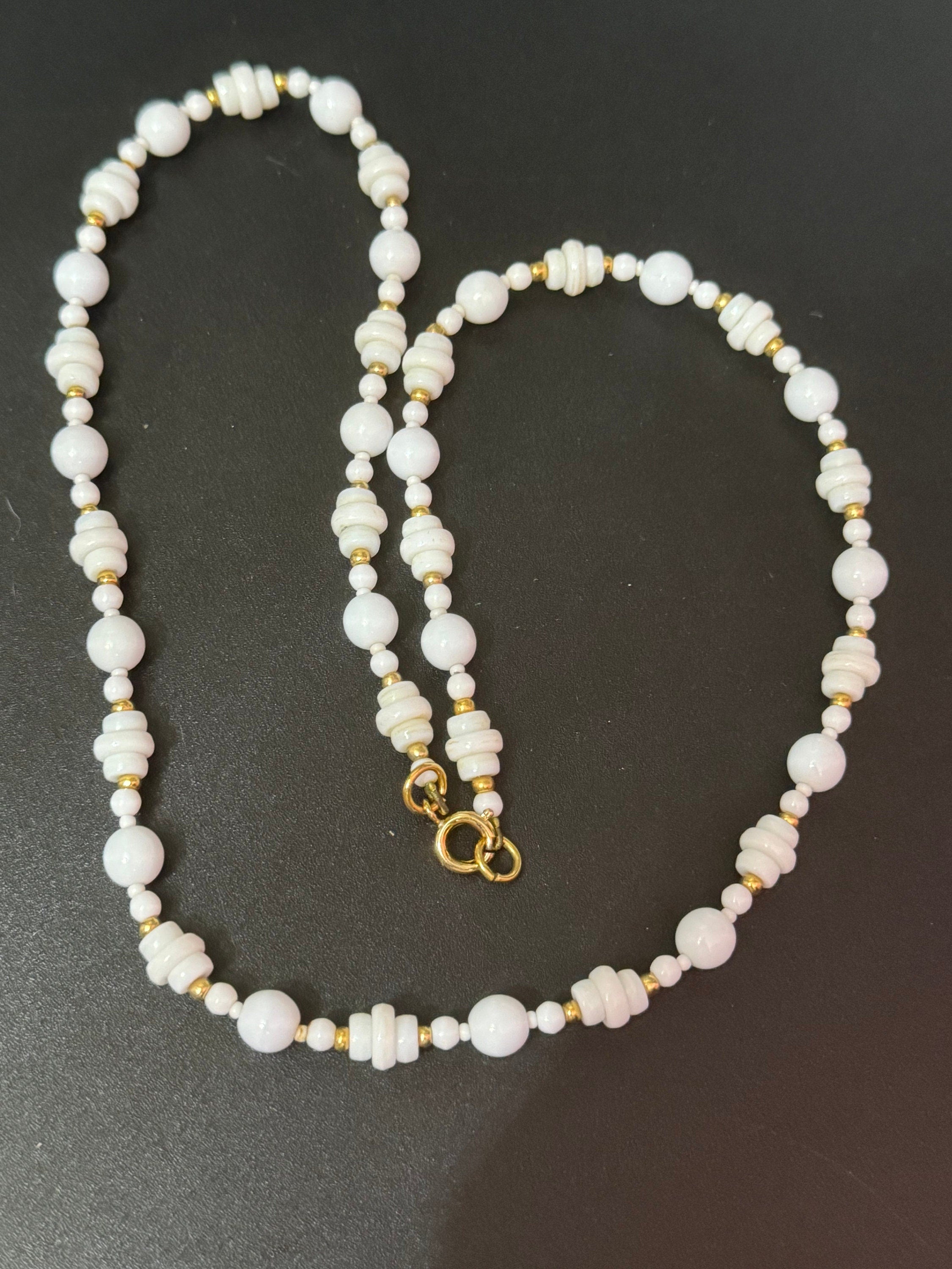 Vintage White milk glass round beaded necklace with small gold spacers 63cm geometric