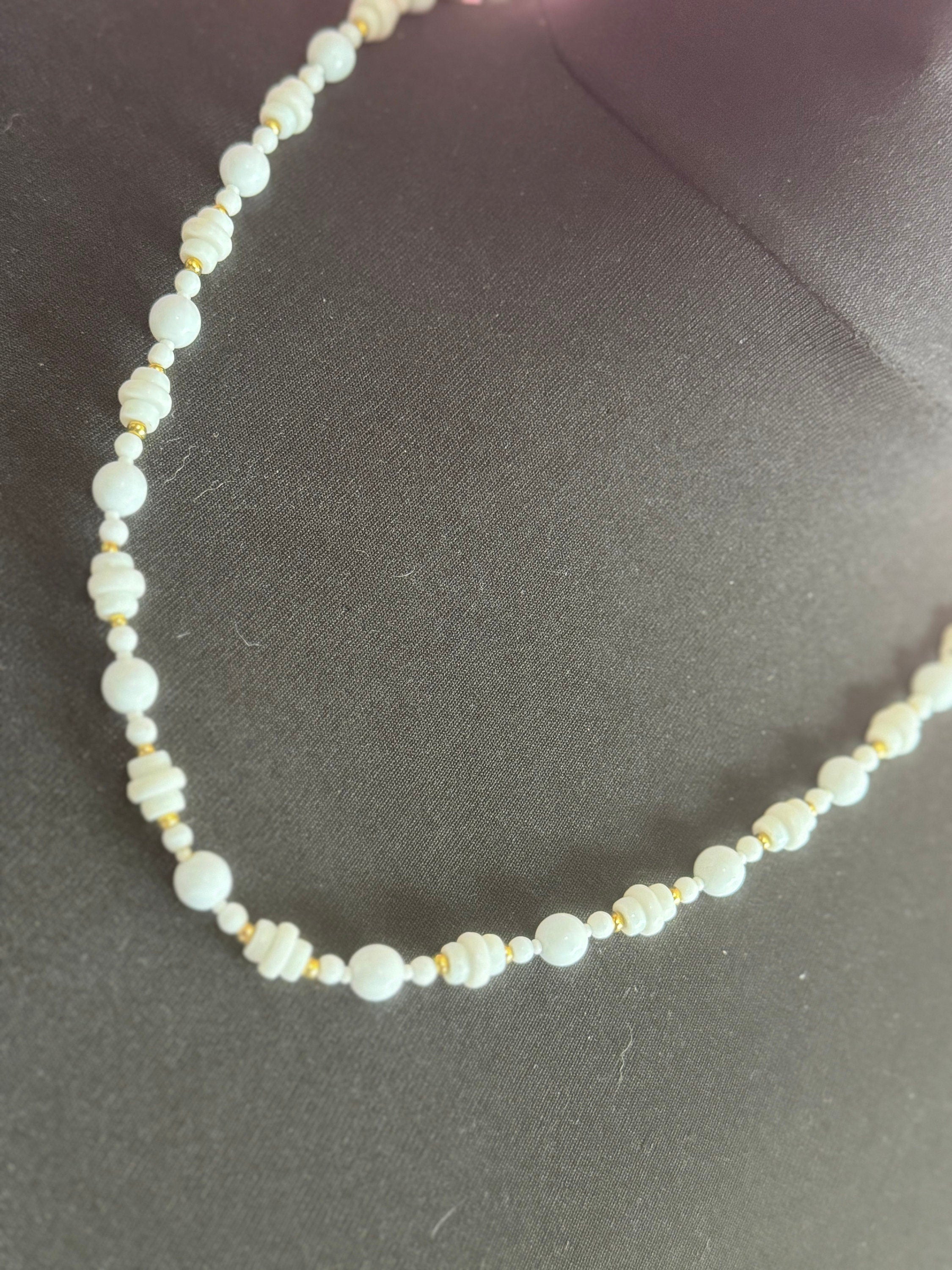 Vintage White milk glass round beaded necklace with small gold spacers 63cm geometric