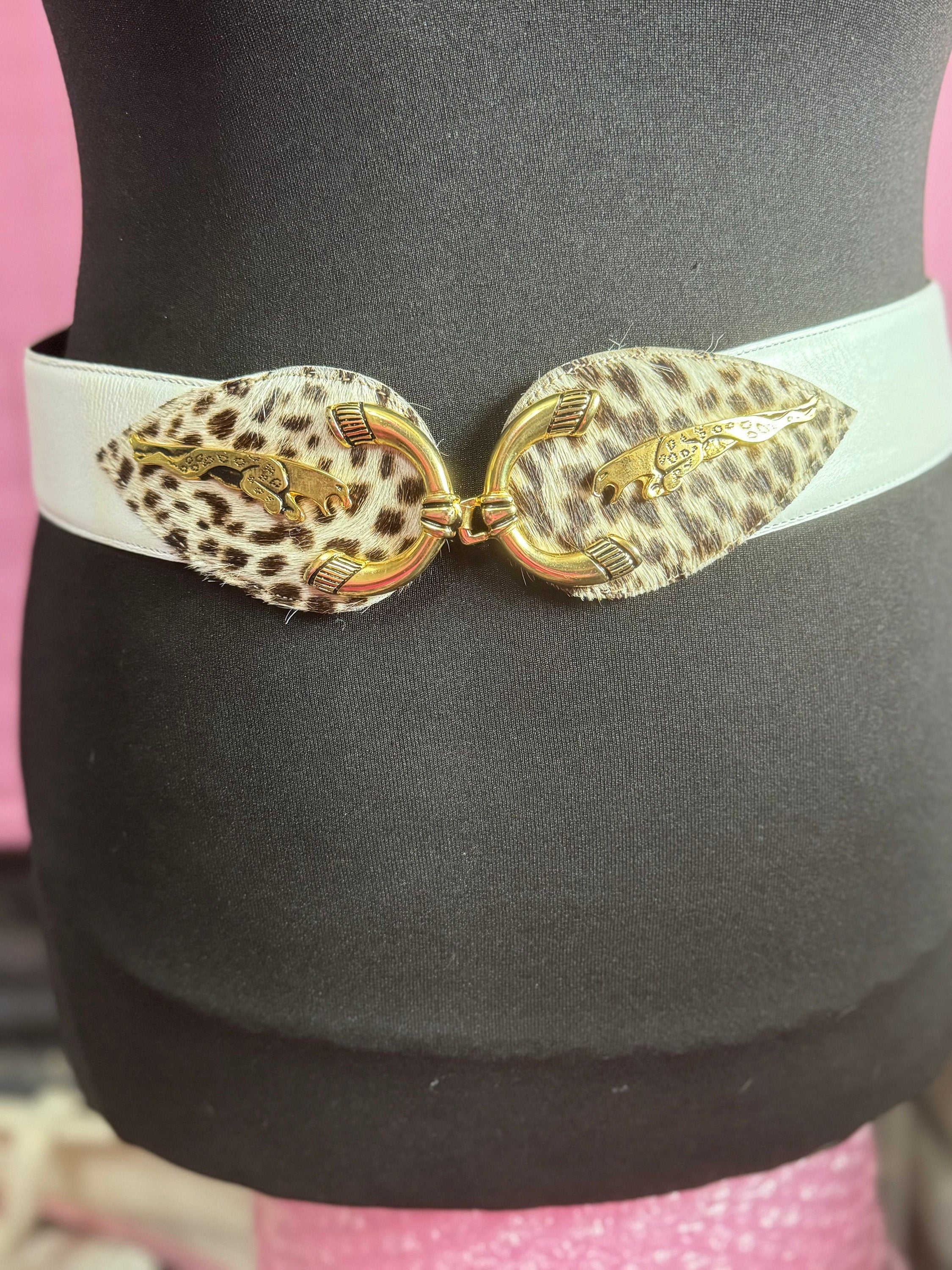 To 88cm Signed stephen Collins leopard print wide white cream leather belt vintage retro