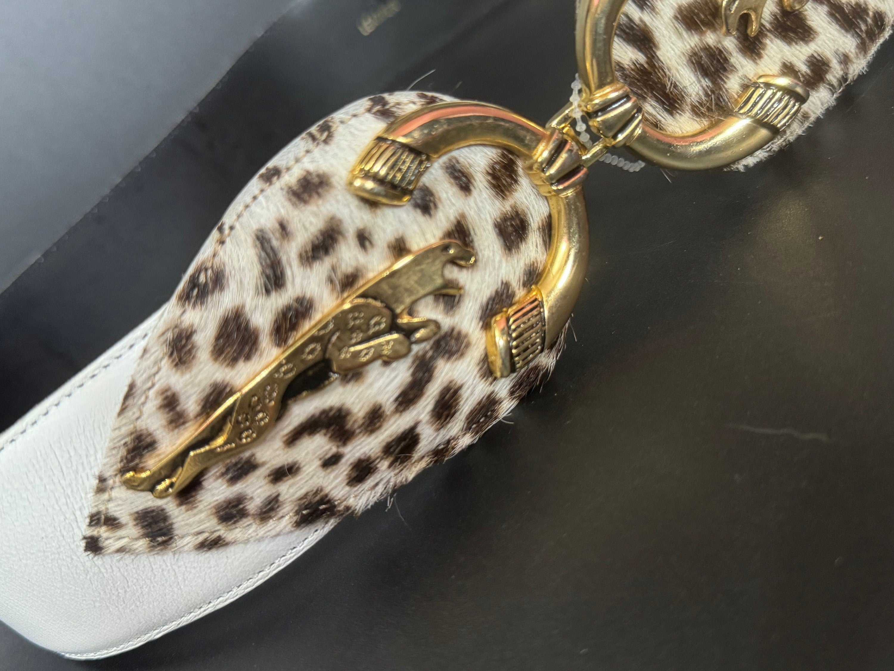 To 88cm Signed stephen Collins leopard print wide white cream leather belt vintage retro