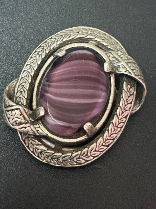 Signed Miracle vintage purple marbled glass cabochon Celtic oval silver tone metal Scarf Ring Clip