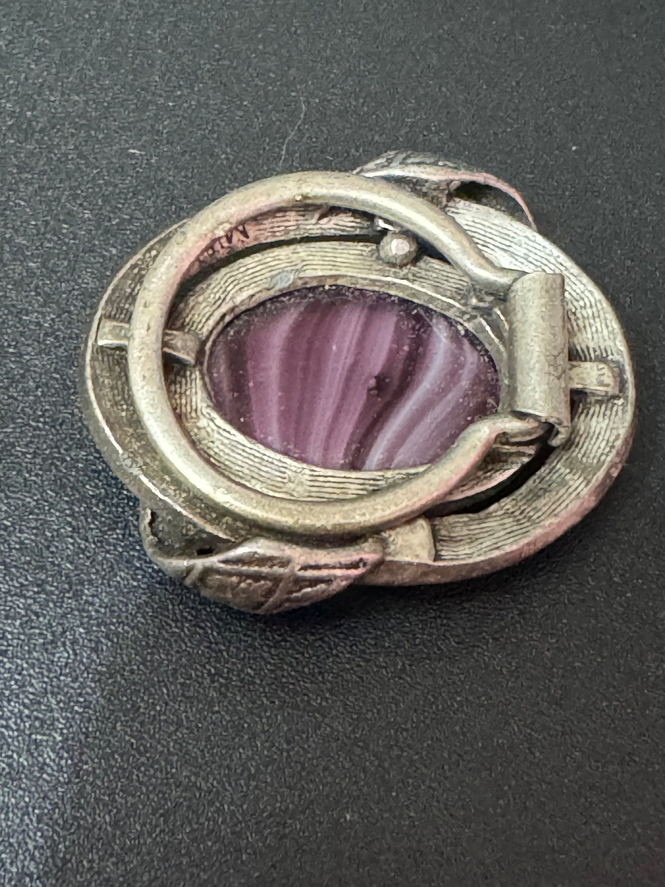 Signed Miracle vintage purple marbled glass cabochon Celtic oval silver tone metal Scarf Ring Clip