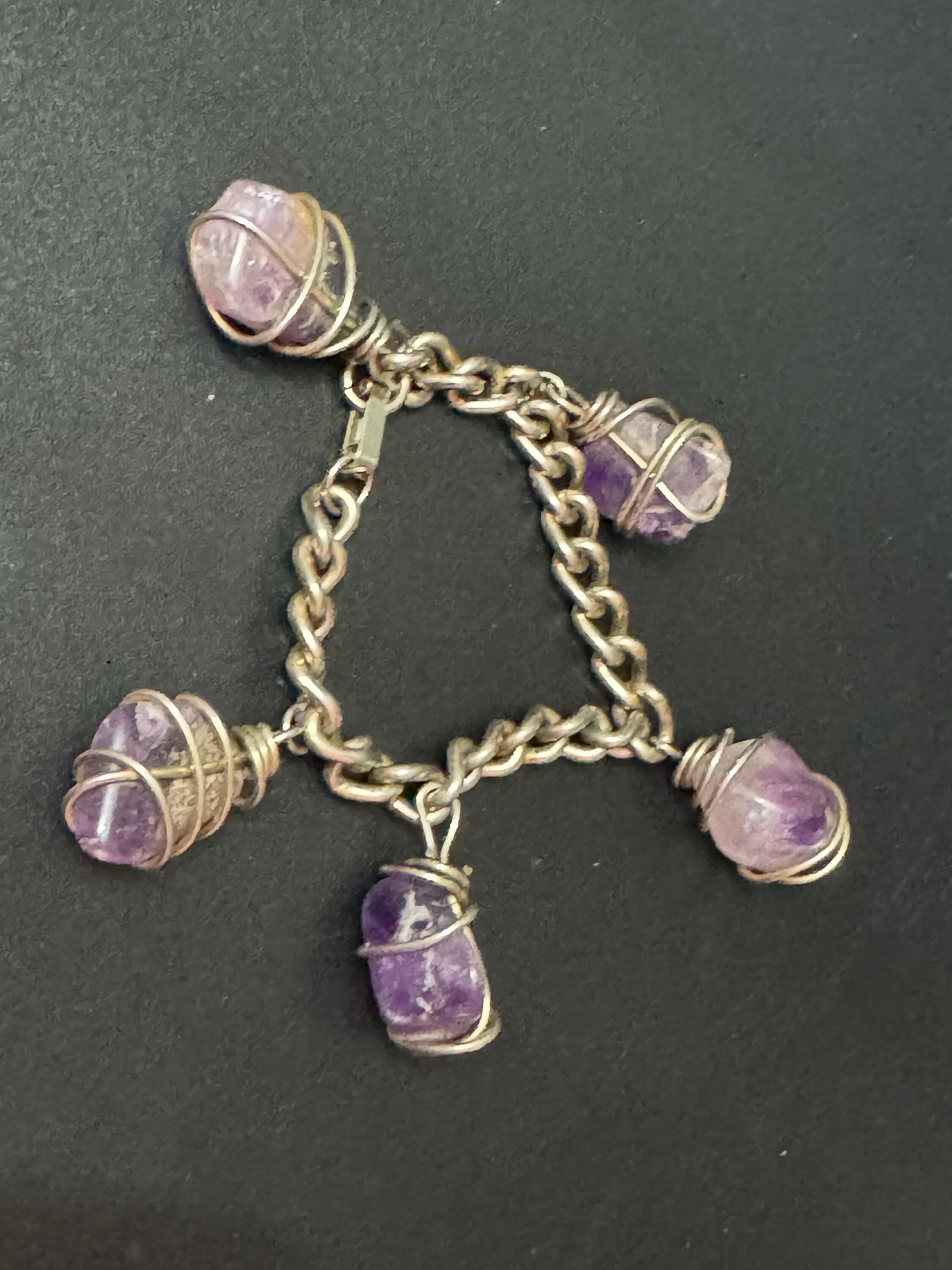 vintage 1970s silver tone chain link chunky Amethyst gemstone charm bracelet purple stones