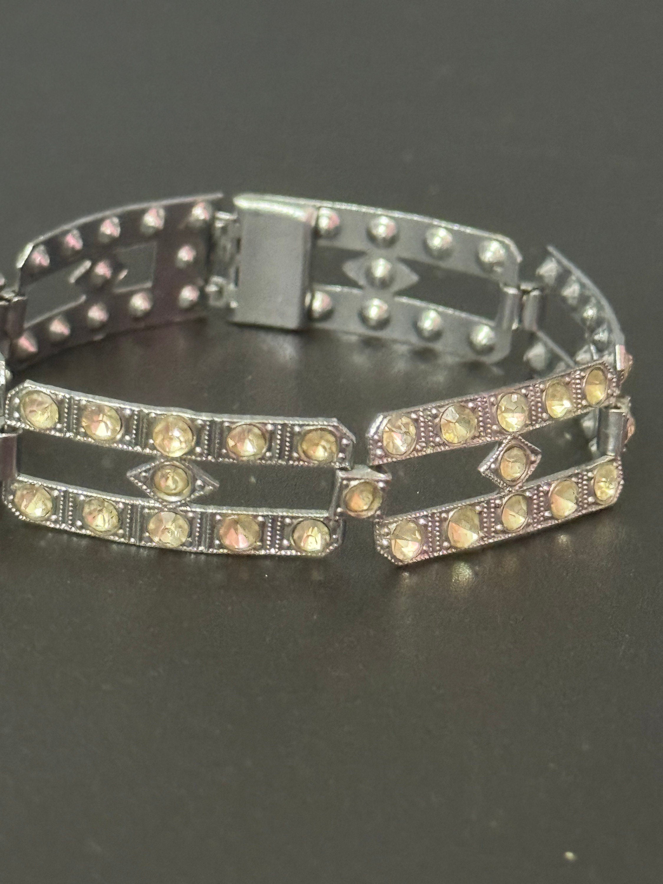 Art deco Chrome Paste Rhinestone Diamanté Panel Link Bracelet antique