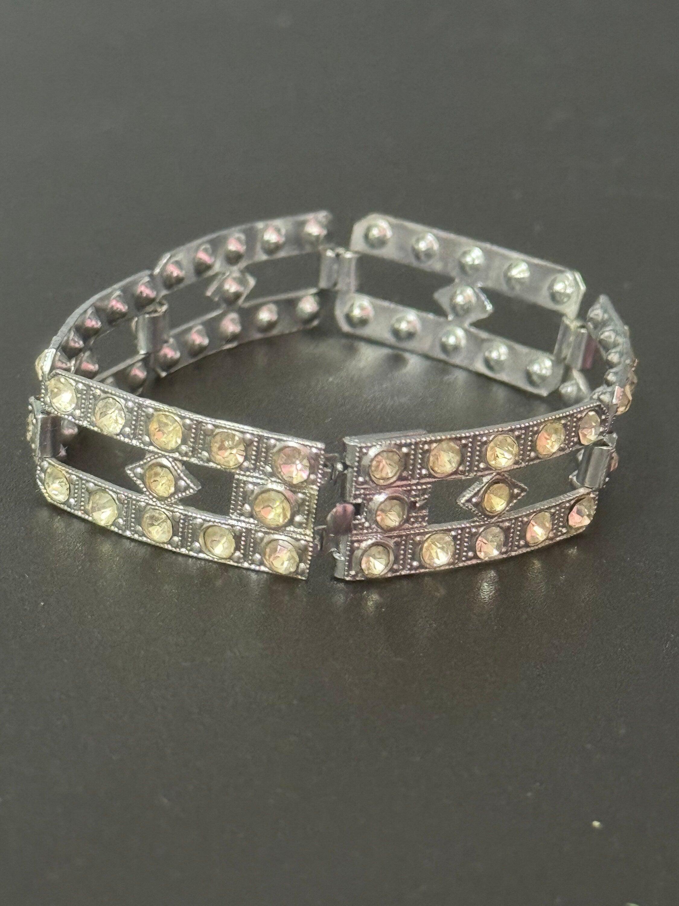 Art deco Chrome Paste Rhinestone Diamanté Panel Link Bracelet antique