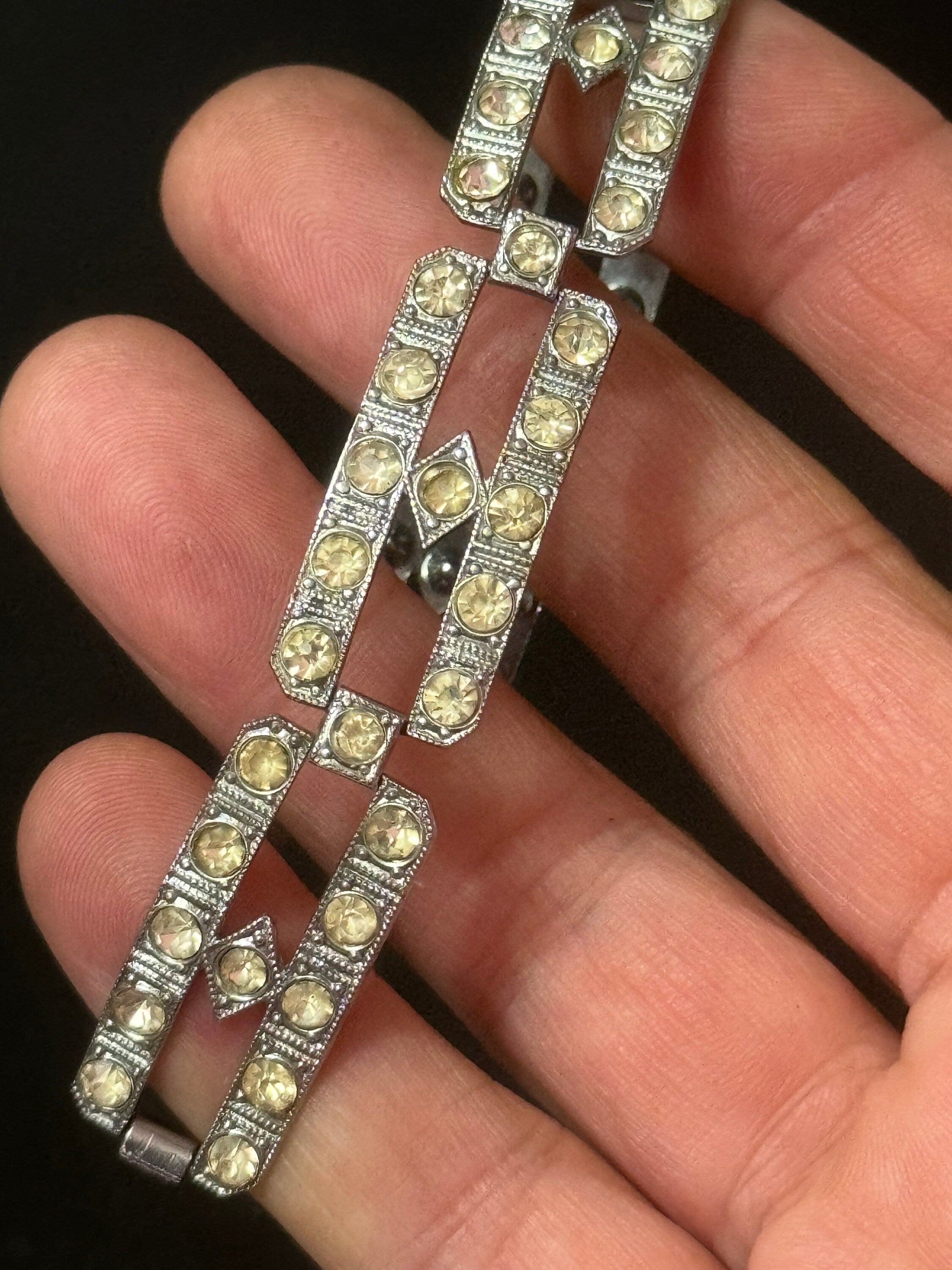 Art deco Chrome Paste Rhinestone Diamanté Panel Link Bracelet antique