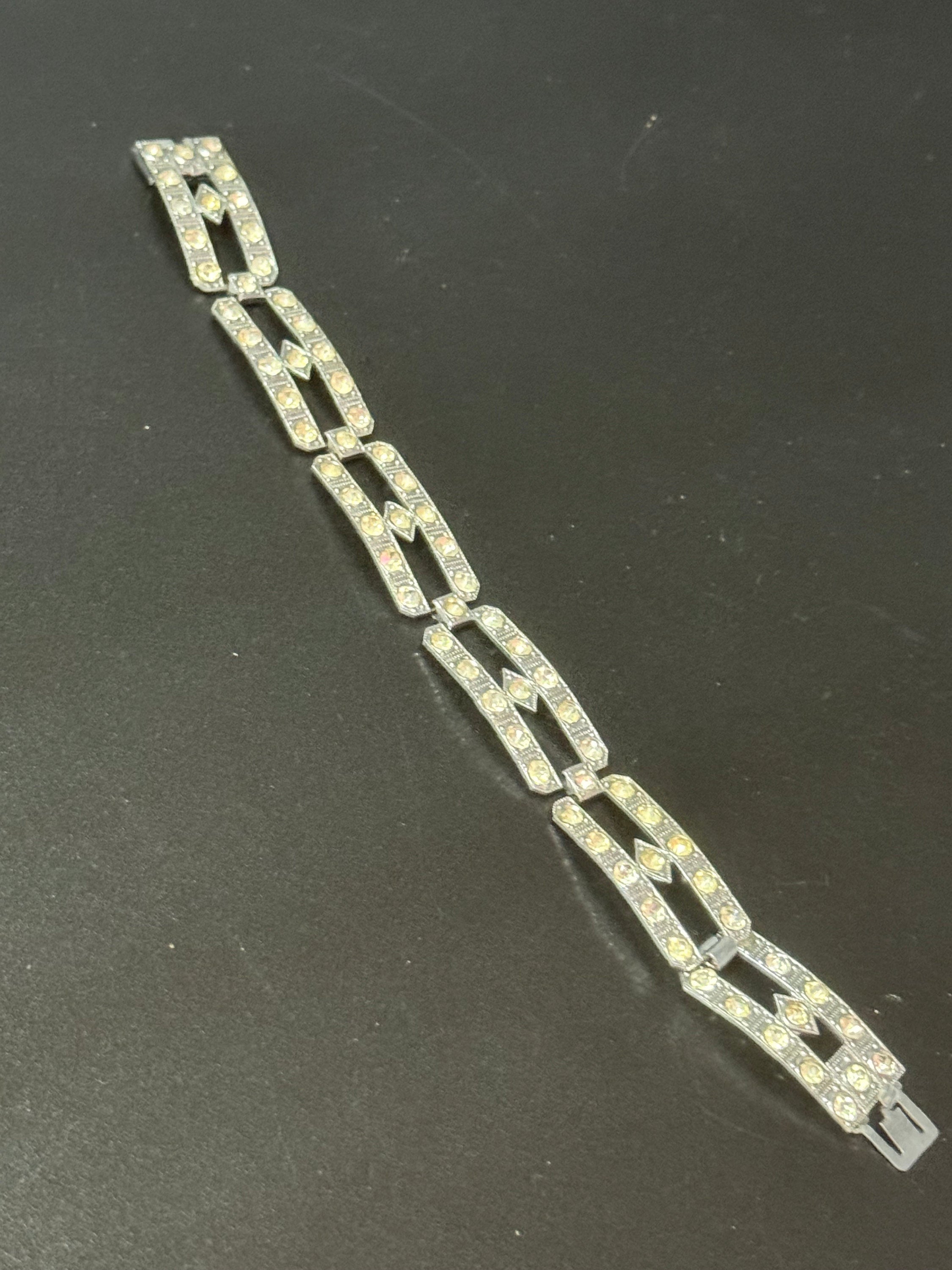 Art deco Chrome Paste Rhinestone Diamanté Panel Link Bracelet antique