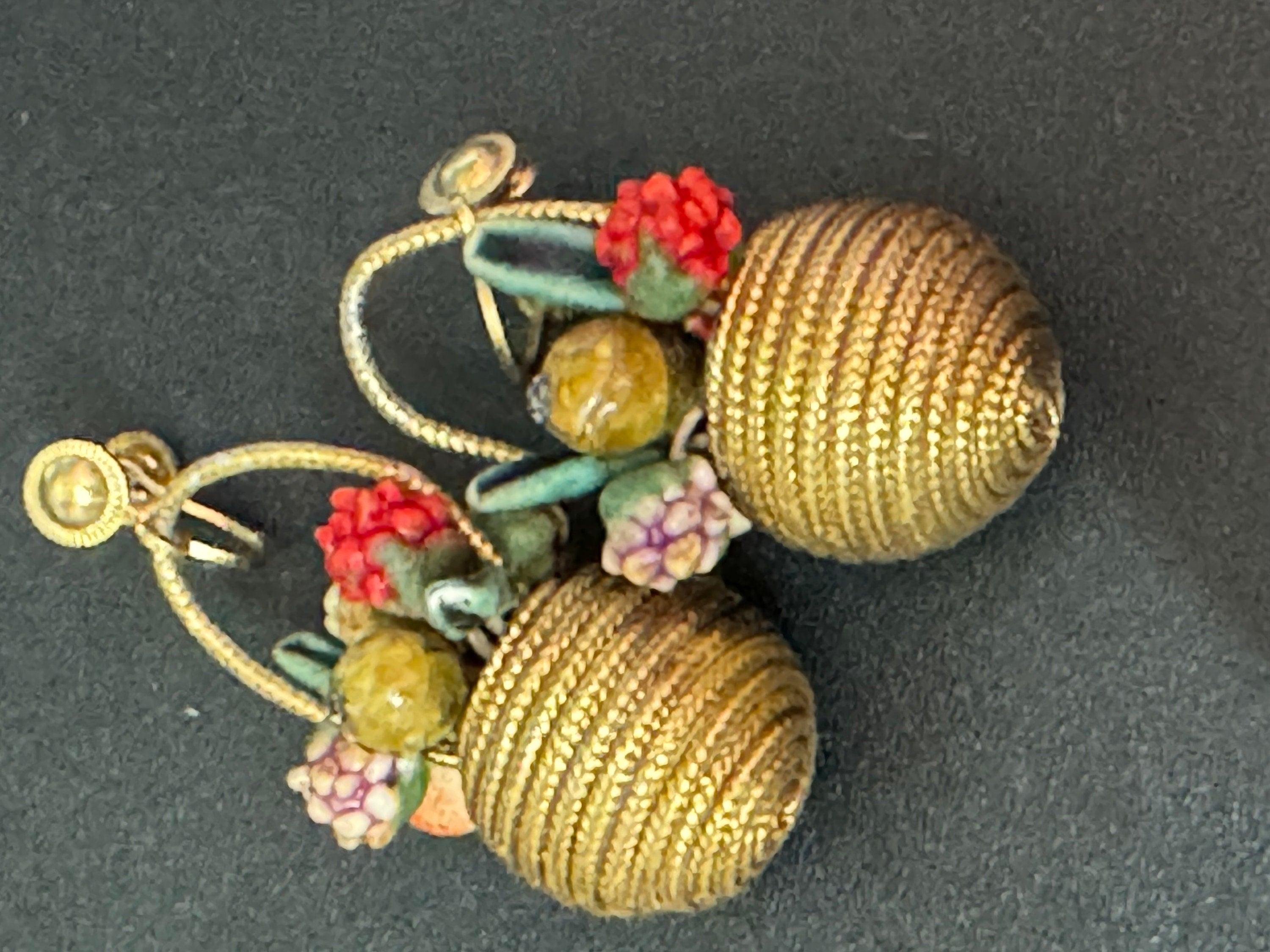 Antique Gold tone FRUIT Basket clip on earrings 1930s Art Deco