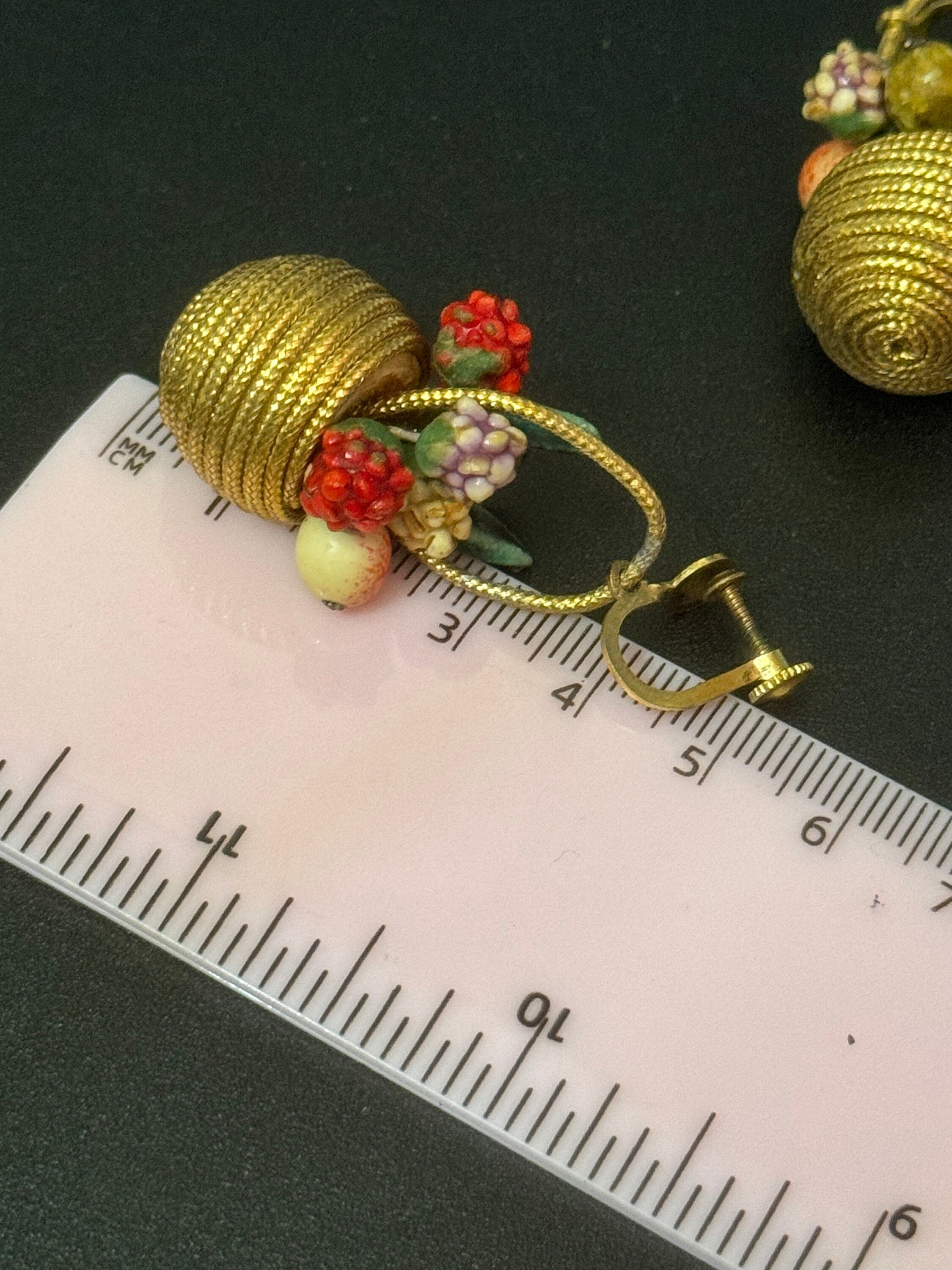 Antique Gold tone FRUIT Basket clip on earrings 1930s Art Deco