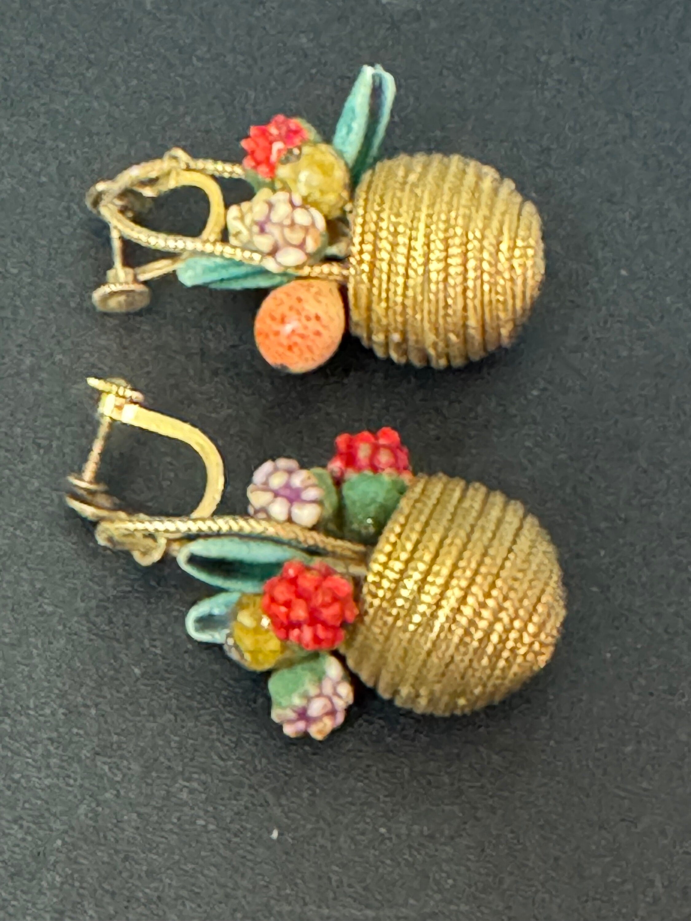 Antique Gold tone FRUIT Basket clip on earrings 1930s Art Deco