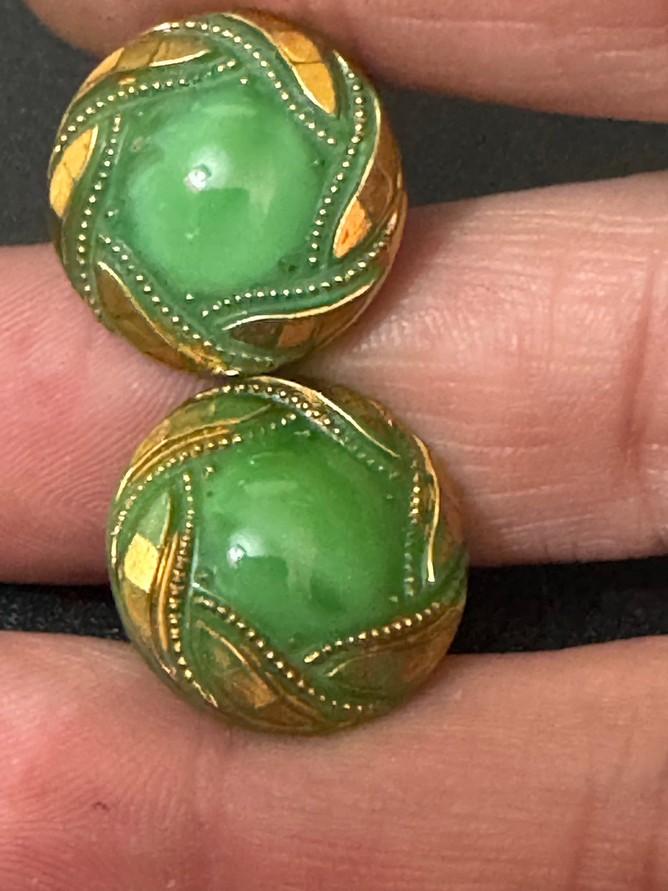 Antique to vintage GLASS green small round gilded button stud Clip On Earrings