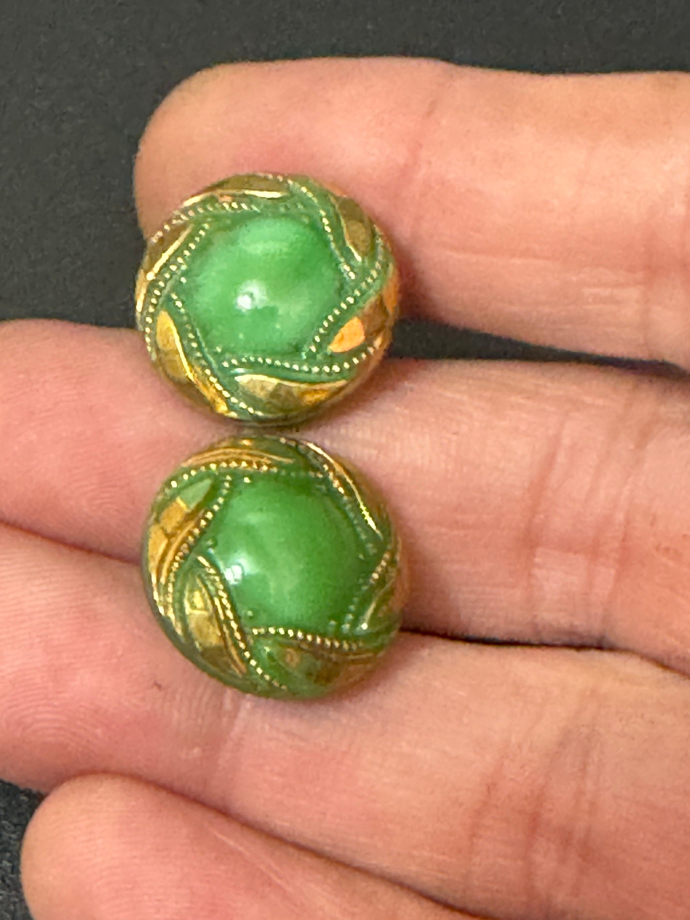 Antique to vintage GLASS green small round gilded button stud Clip On Earrings