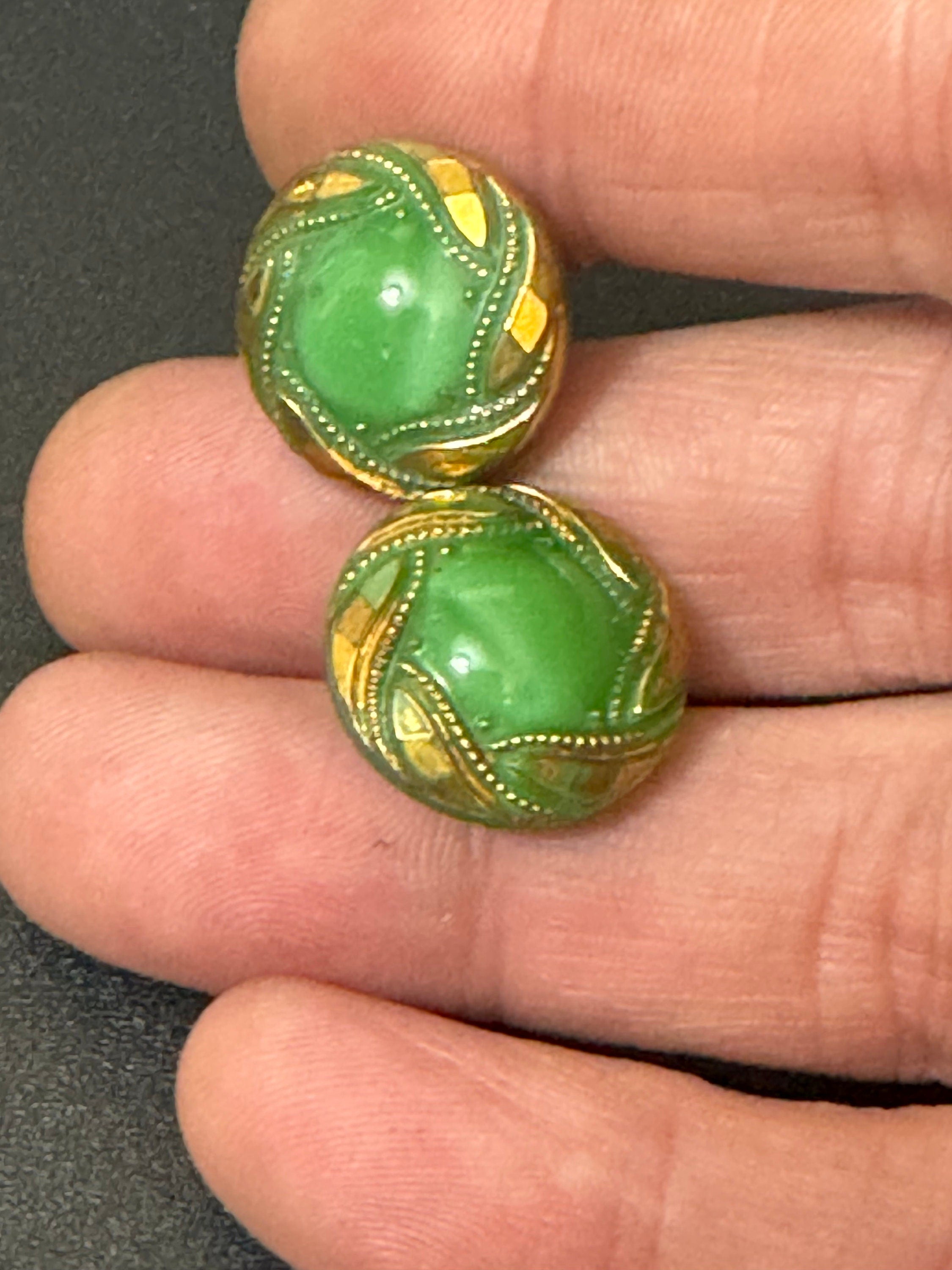 Antique to vintage GLASS green small round gilded button stud Clip On Earrings