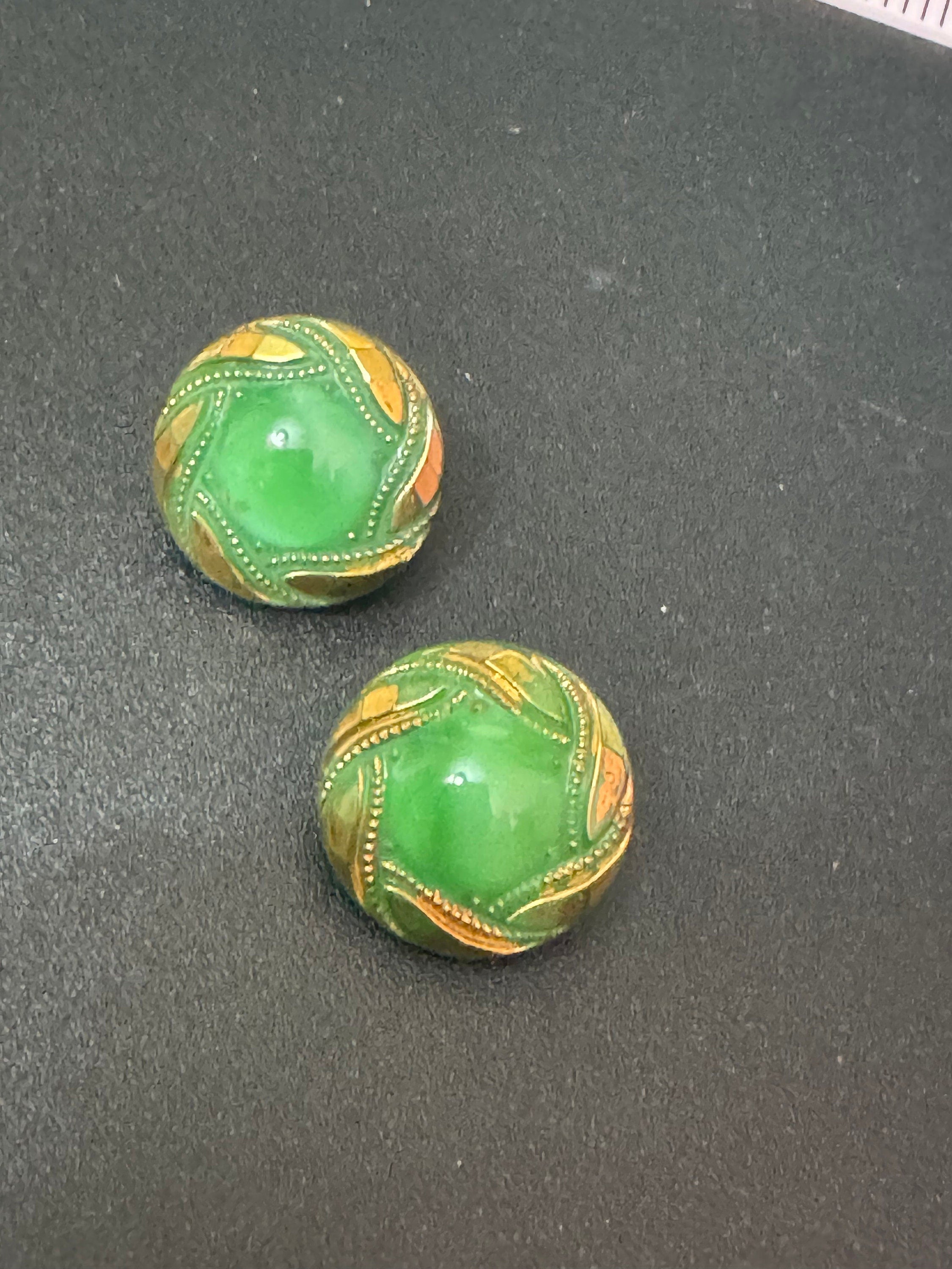 Antique to vintage GLASS green small round gilded button stud Clip On Earrings