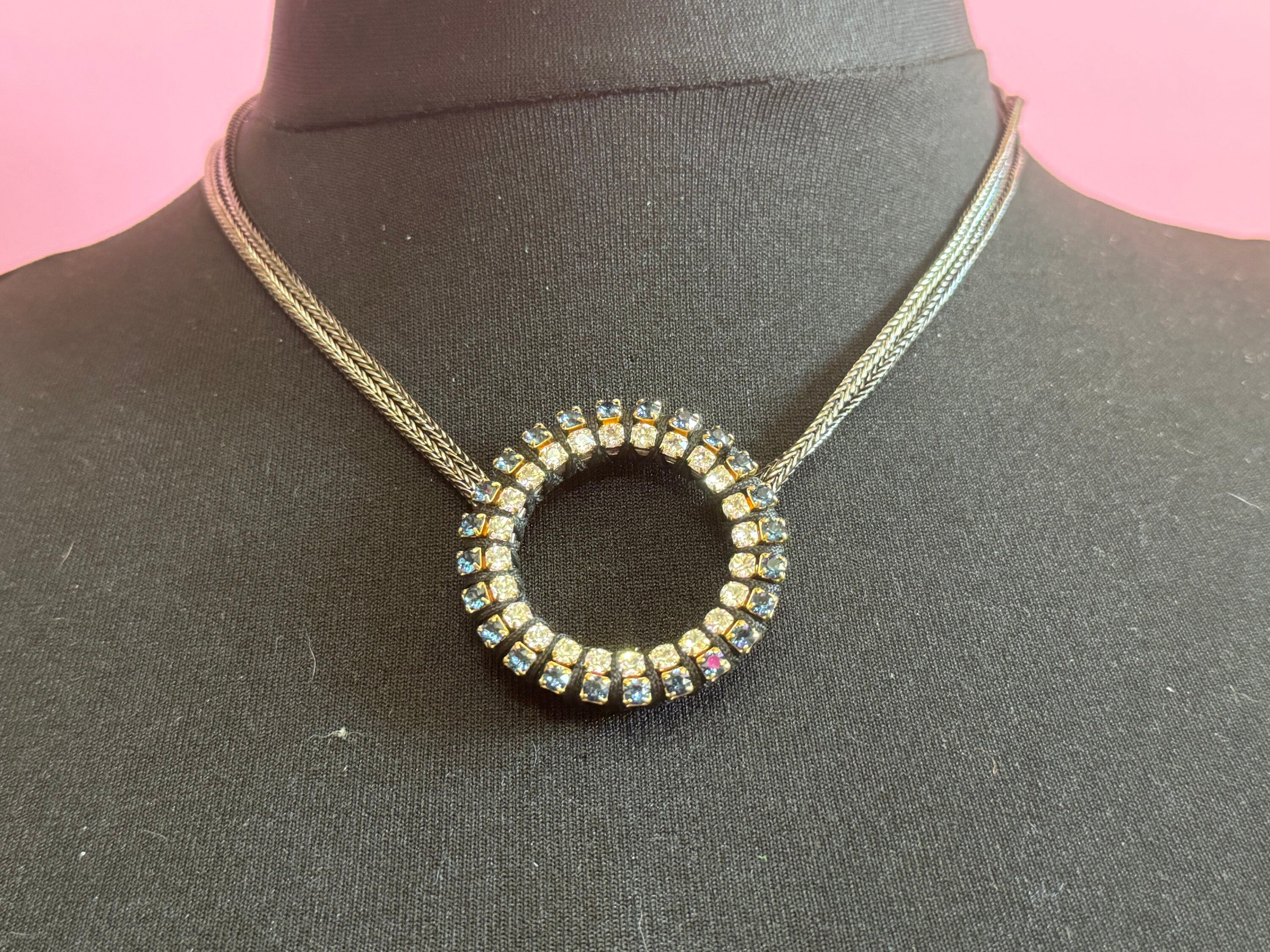 Retro Swarovski Crystal black and dark grey silver tone diamanté hoop necklace designer