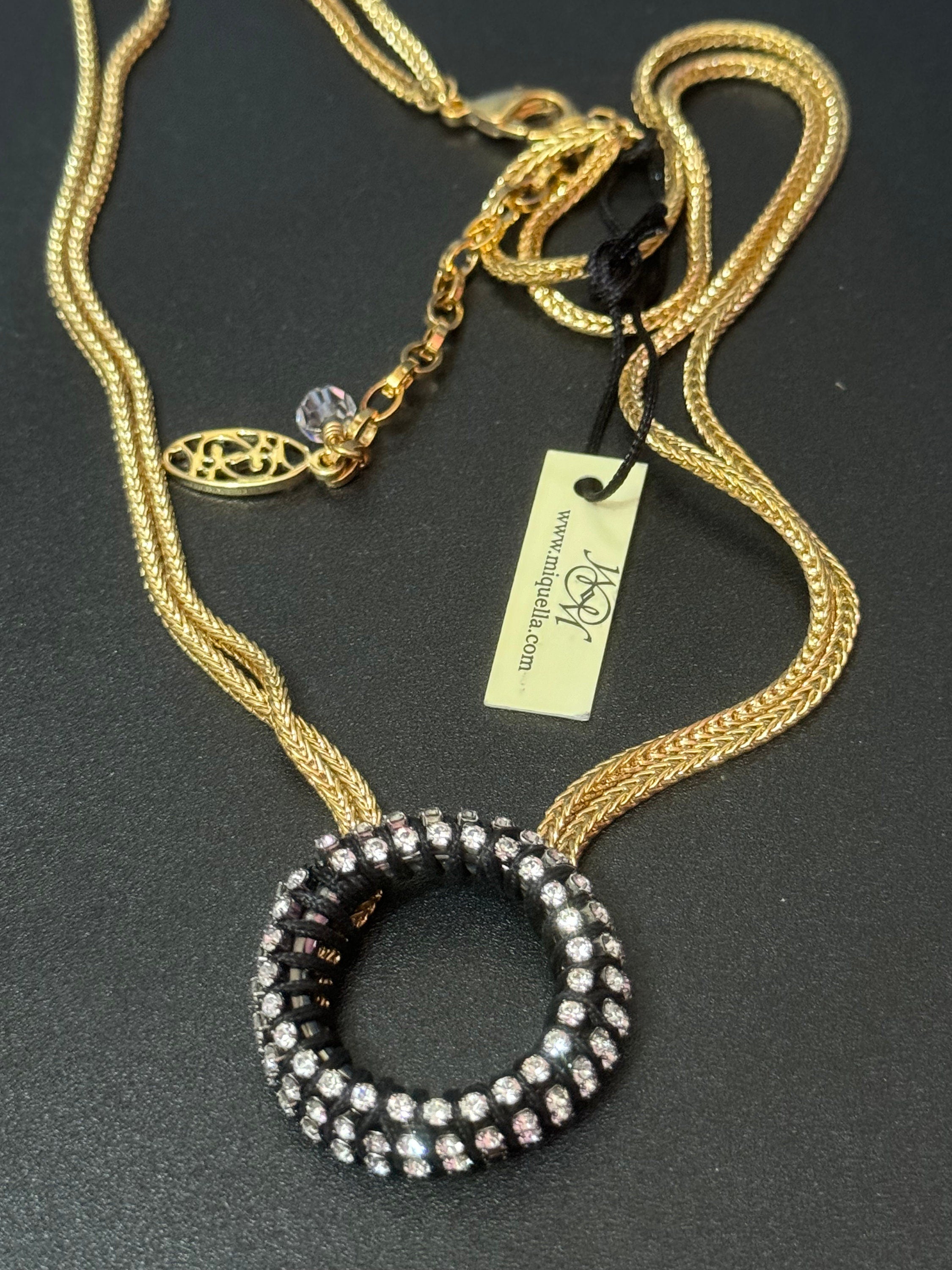 Retro Swarovski Crystal black and Clear gold tone diamanté hoop necklace designer