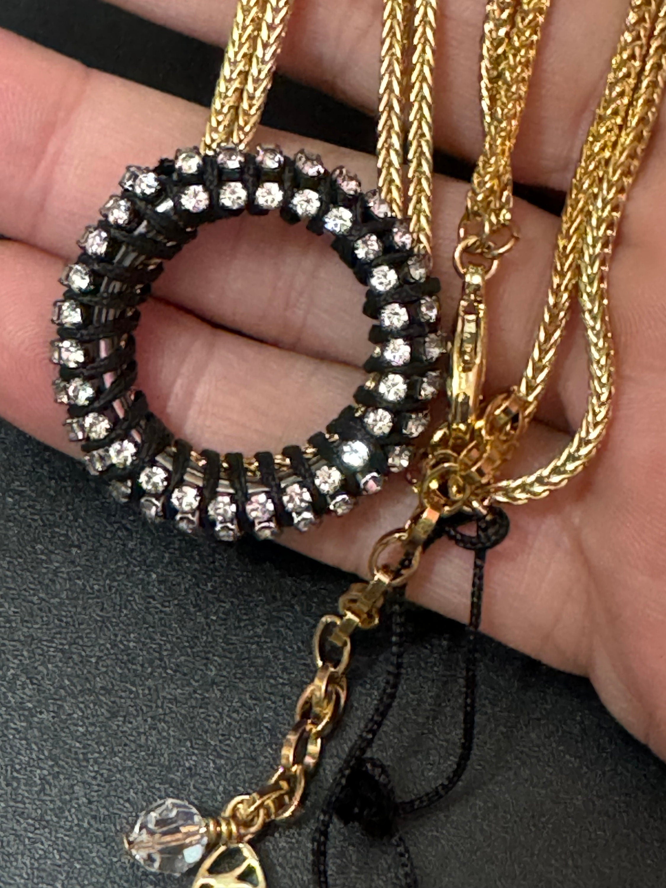 Retro Swarovski Crystal black and Clear gold tone diamanté hoop necklace designer