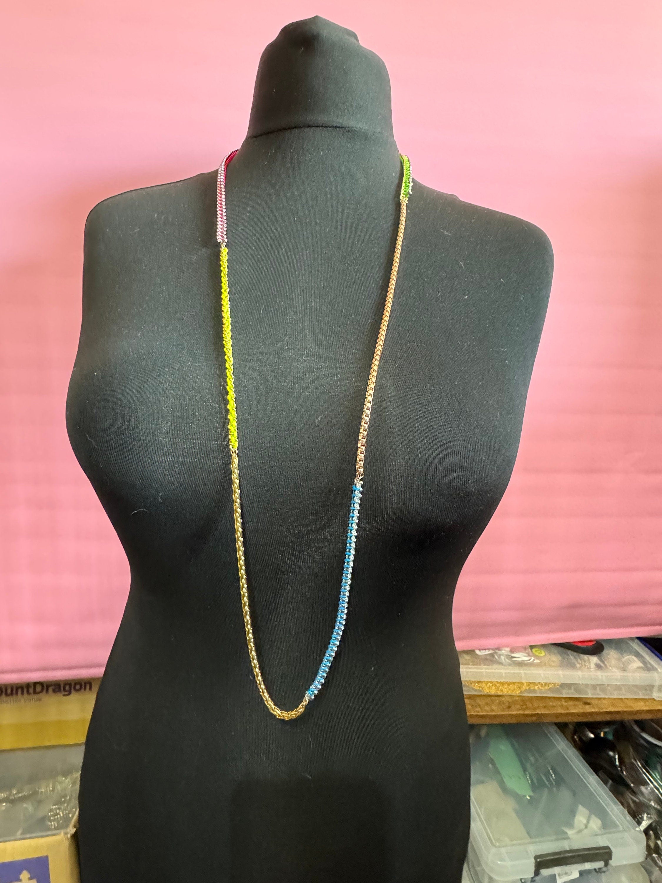 Retro Dayglo pink blue green yellow silk clear Swarovski Crystal very long gold tone chain necklace designer