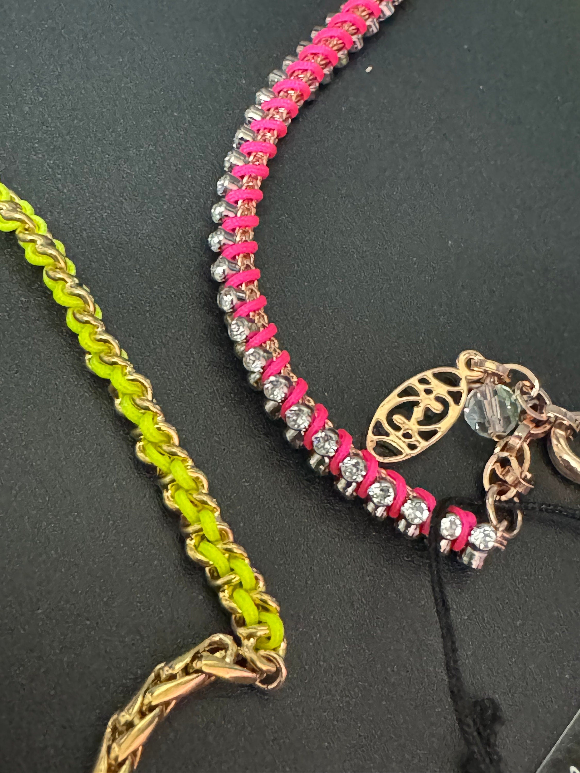 Retro Dayglo pink blue green yellow silk clear Swarovski Crystal very long gold tone chain necklace designer