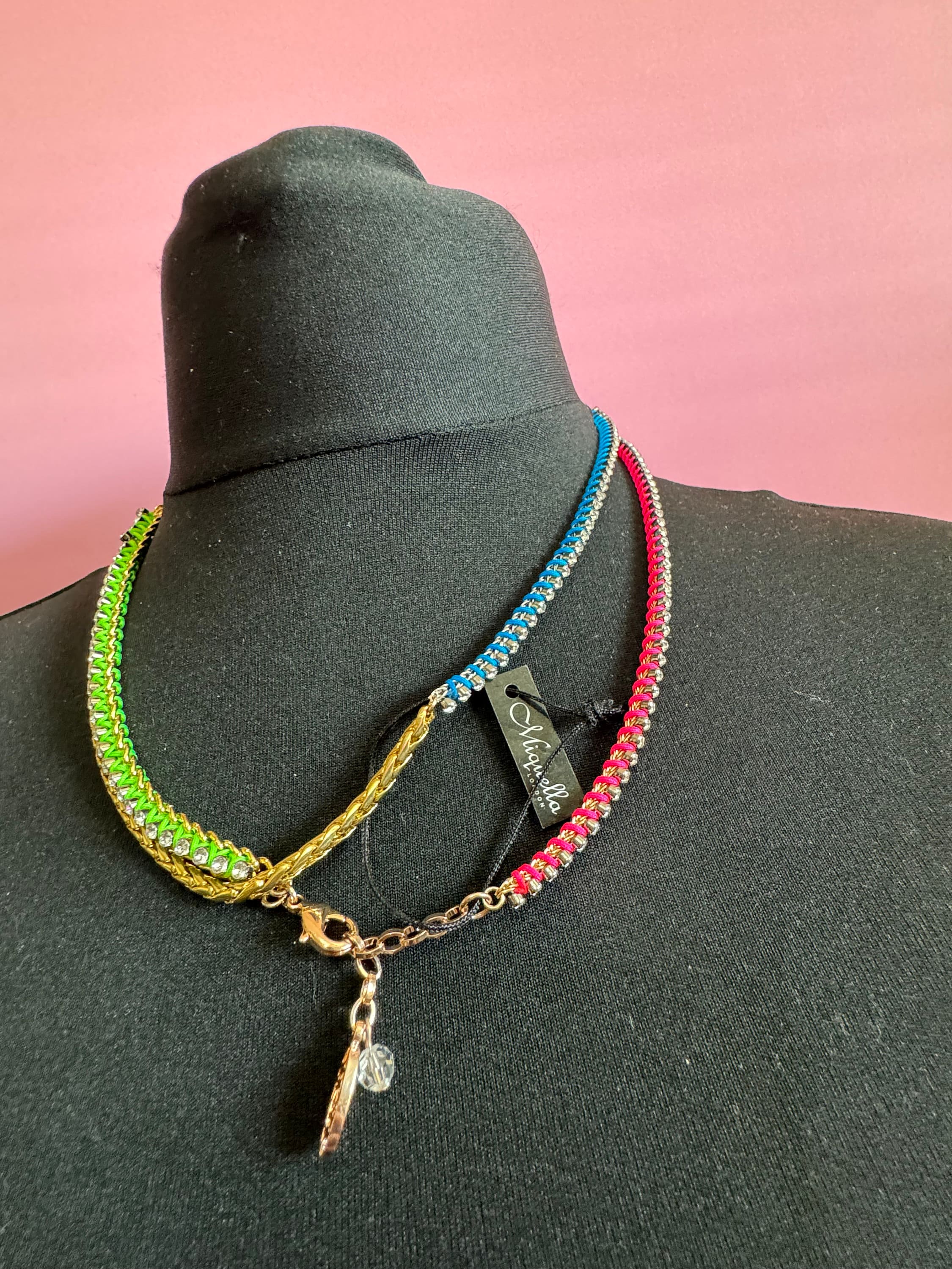 Retro Dayglo pink blue green yellow silk clear Swarovski Crystal very long gold tone chain necklace designer