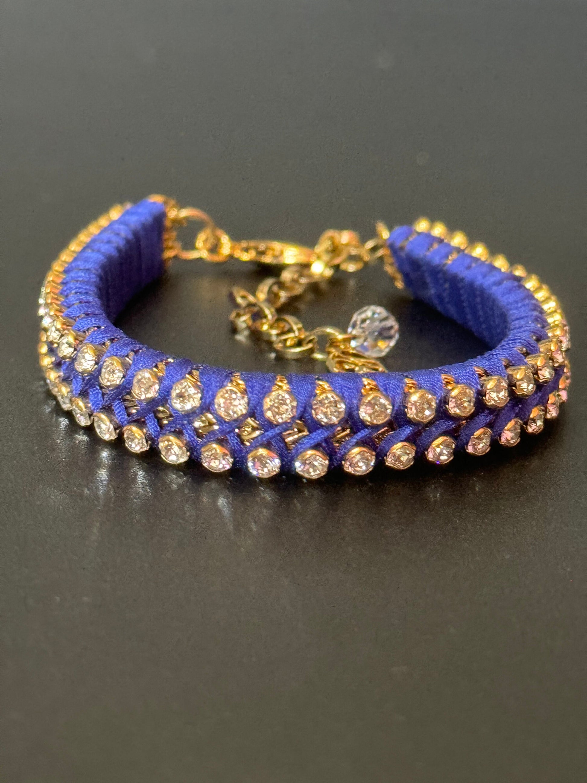 Retro Bright cobalt blue Japanese silk clear Swarovski Crystal diamanté tennis bracelet designer