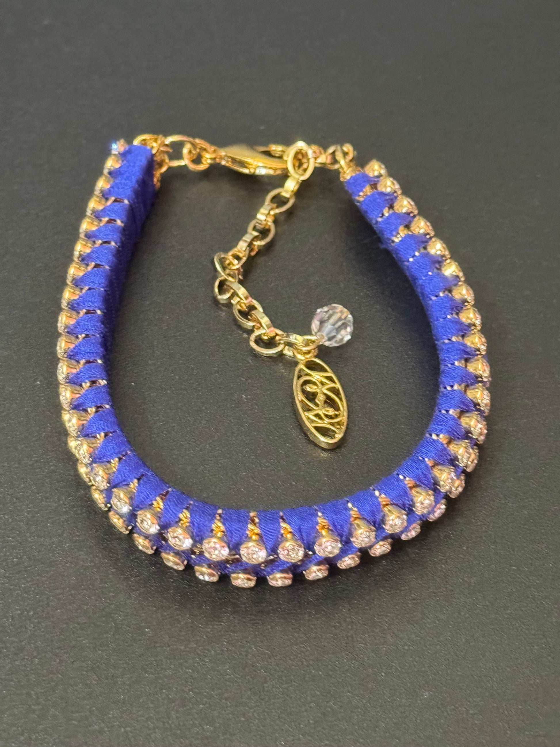 Retro Bright cobalt blue Japanese silk clear Swarovski Crystal diamanté tennis bracelet designer