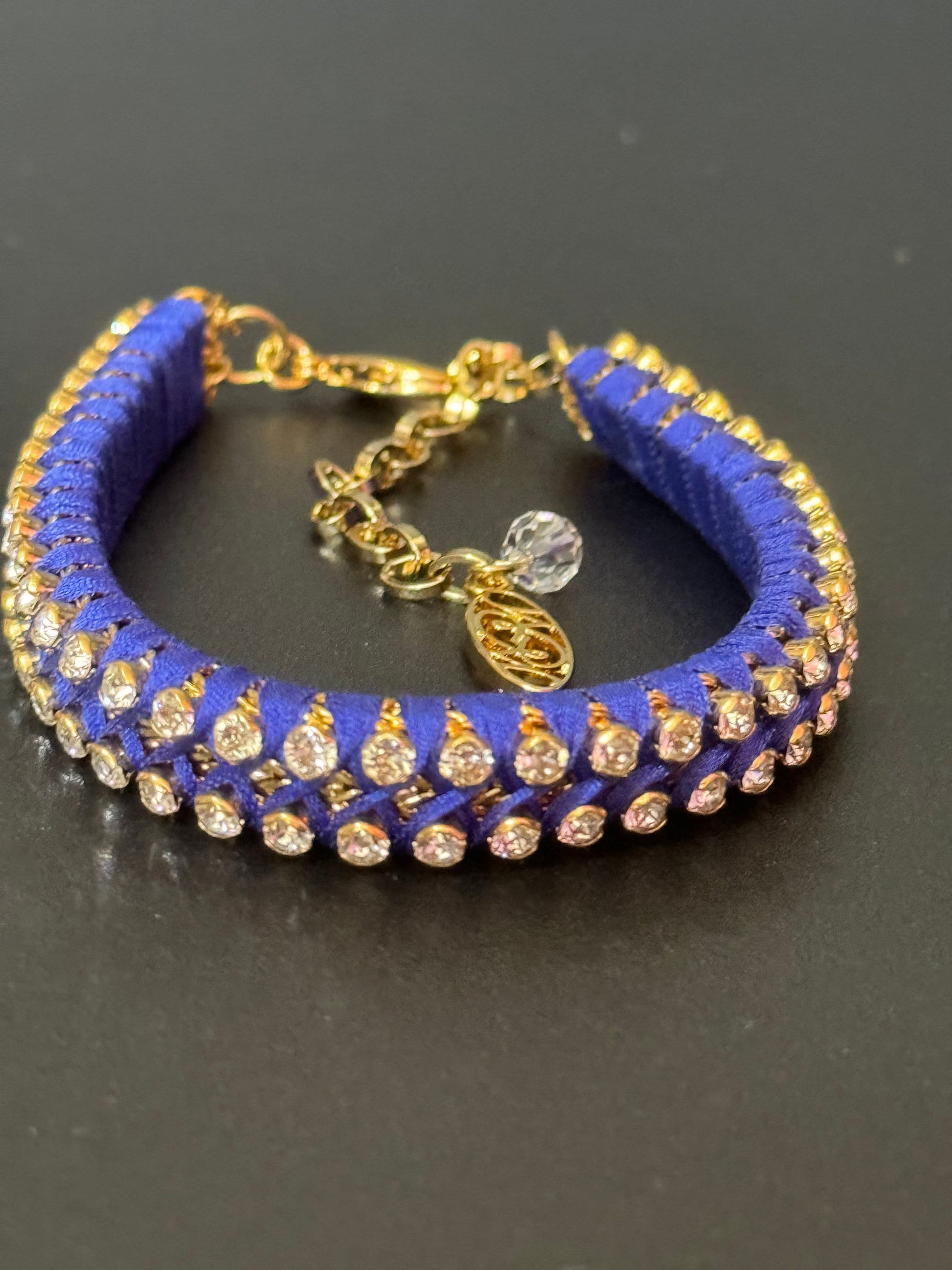 Retro Bright cobalt blue Japanese silk clear Swarovski Crystal diamanté tennis bracelet designer