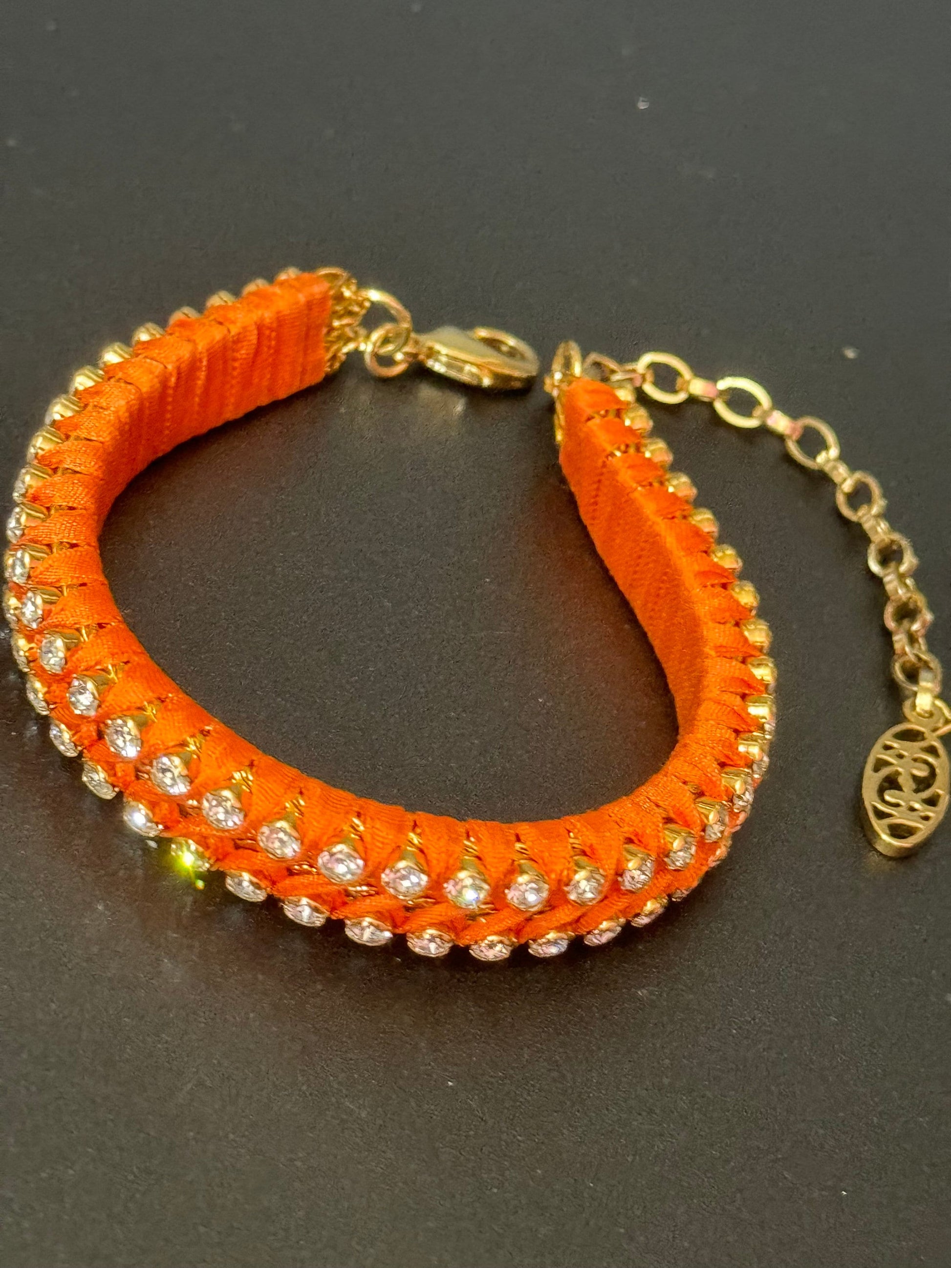 Retro Bright orange Japanese silk clear Swarovski Crystal diamanté tennis bracelet designer