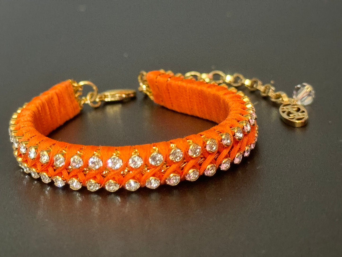 Retro Bright orange Japanese silk clear Swarovski Crystal diamanté tennis bracelet designer