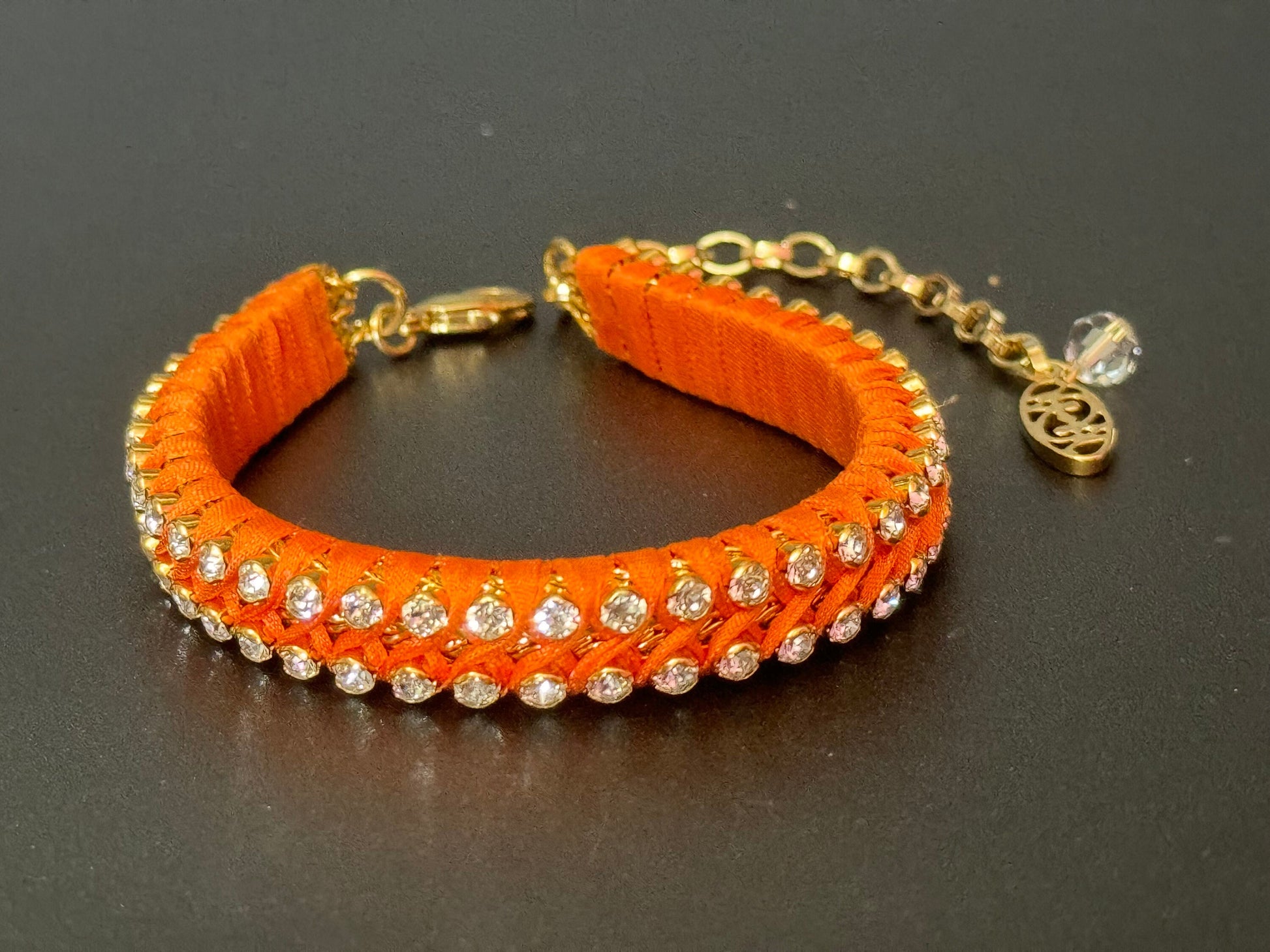 Retro Bright orange Japanese silk clear Swarovski Crystal diamanté tennis bracelet designer