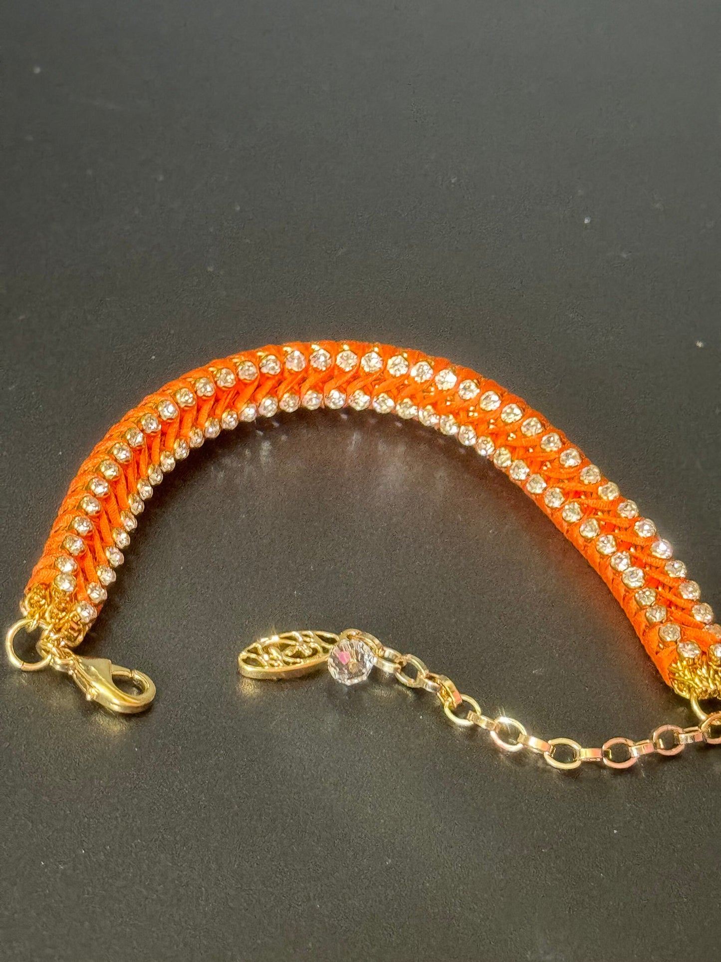 Retro Bright orange Japanese silk clear Swarovski Crystal diamanté tennis bracelet designer