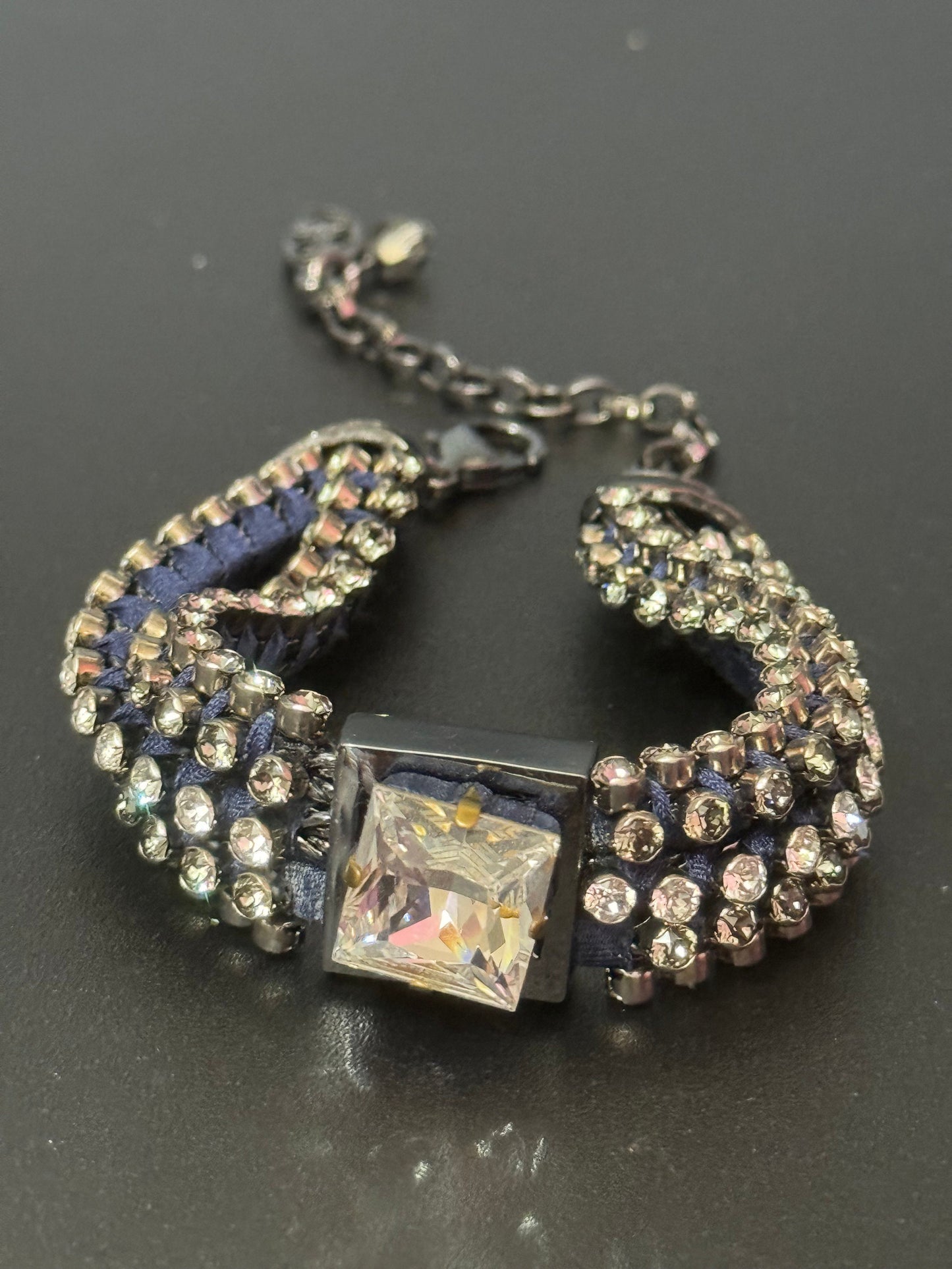 Retro grey & clear Swarovski Crystal diamanté and dark blue silk cord tennis bracelet designer